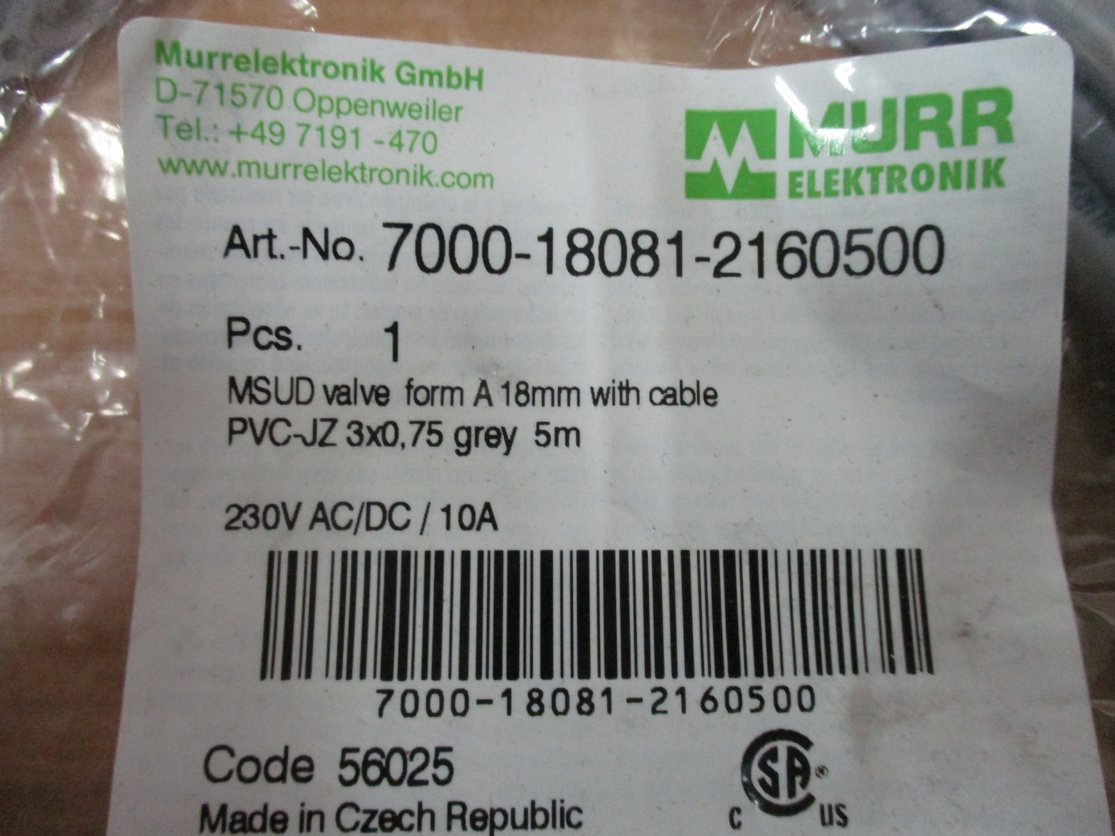 Murr Elektronik 7000-18081-2160500 Valve Plug 7000180812160500