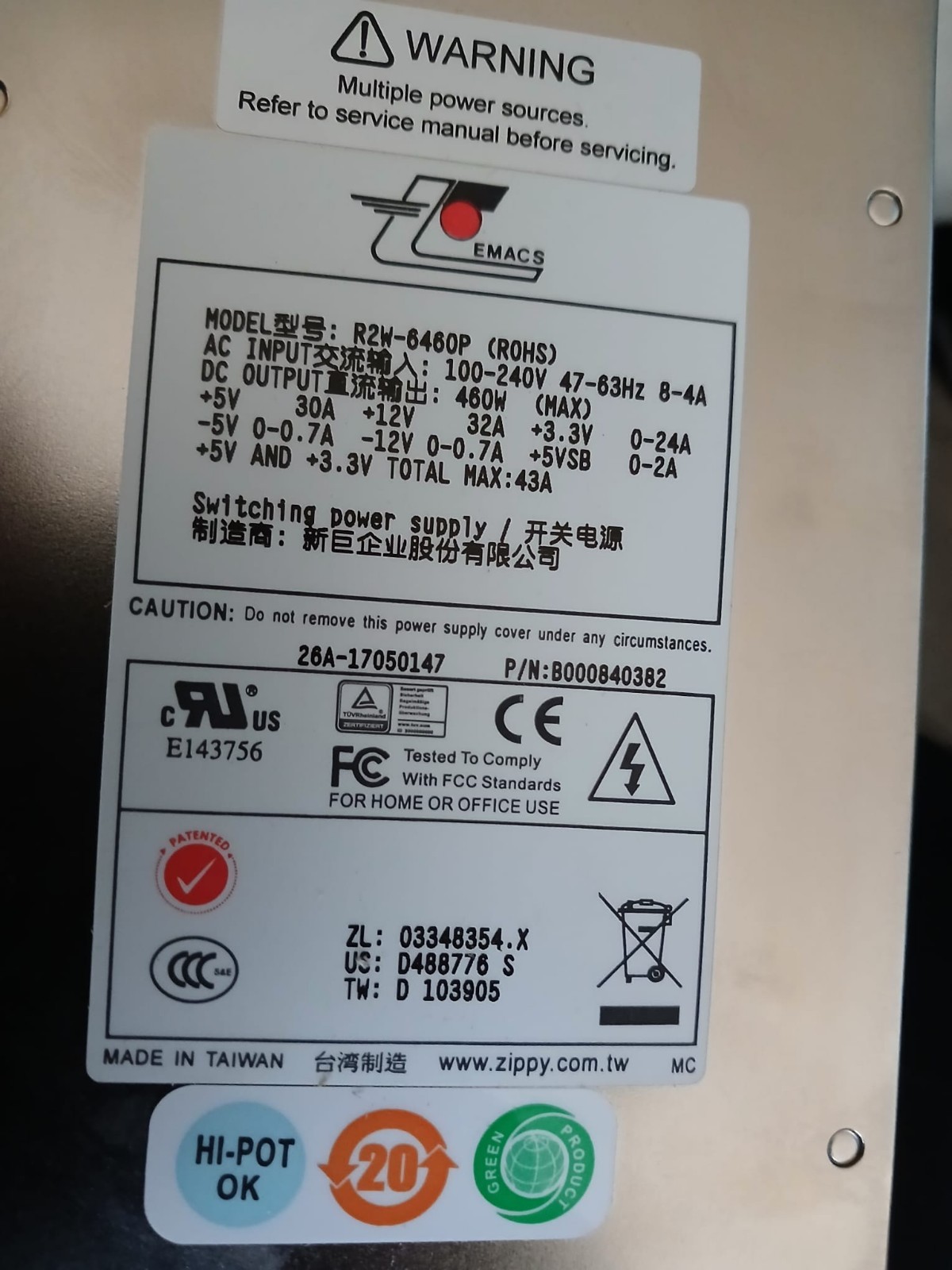 NEW IN BOX Emacs Zippy R2W-6460P 460W 2U Redundant PSU (Includes 2x R2W-6460P-R)