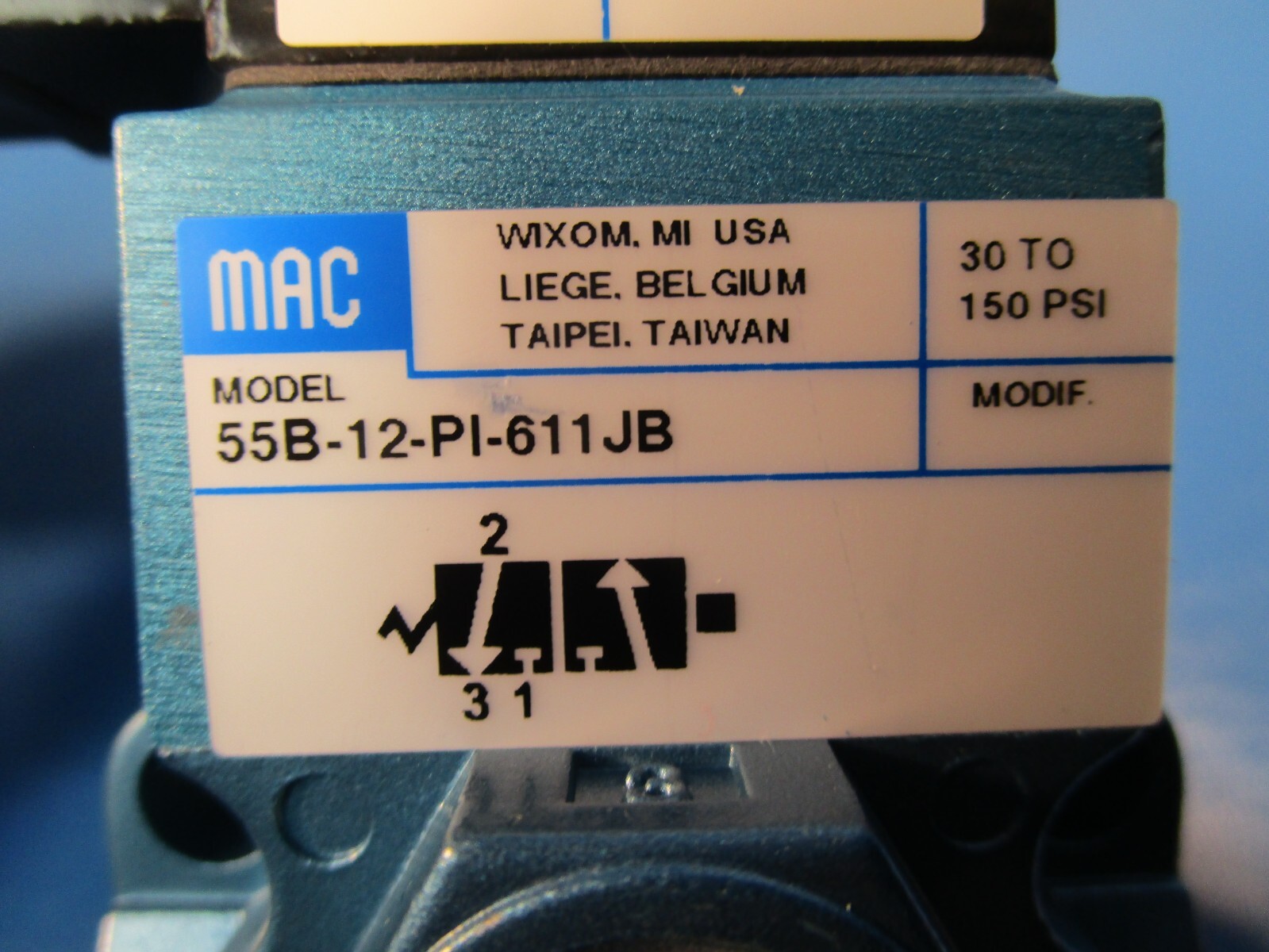 MAC VALVE 55B-12-PI-611JB MAC SOLENOID VALVE, NORMALLY CLOSE, 24V DC