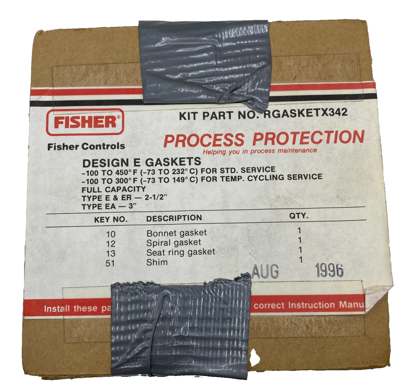 FISHER CONTROLS RGASKETX342 GASKET KIT, DESIGN E, TYPE E&ER 2-1/2IN EA 3 IN