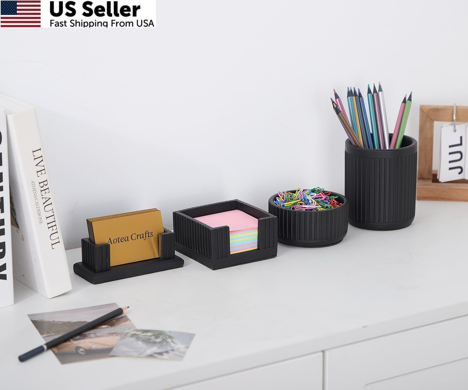 Set of 4 – Concrete Desk Accessories For Modern, Industrial, Charcoal Black