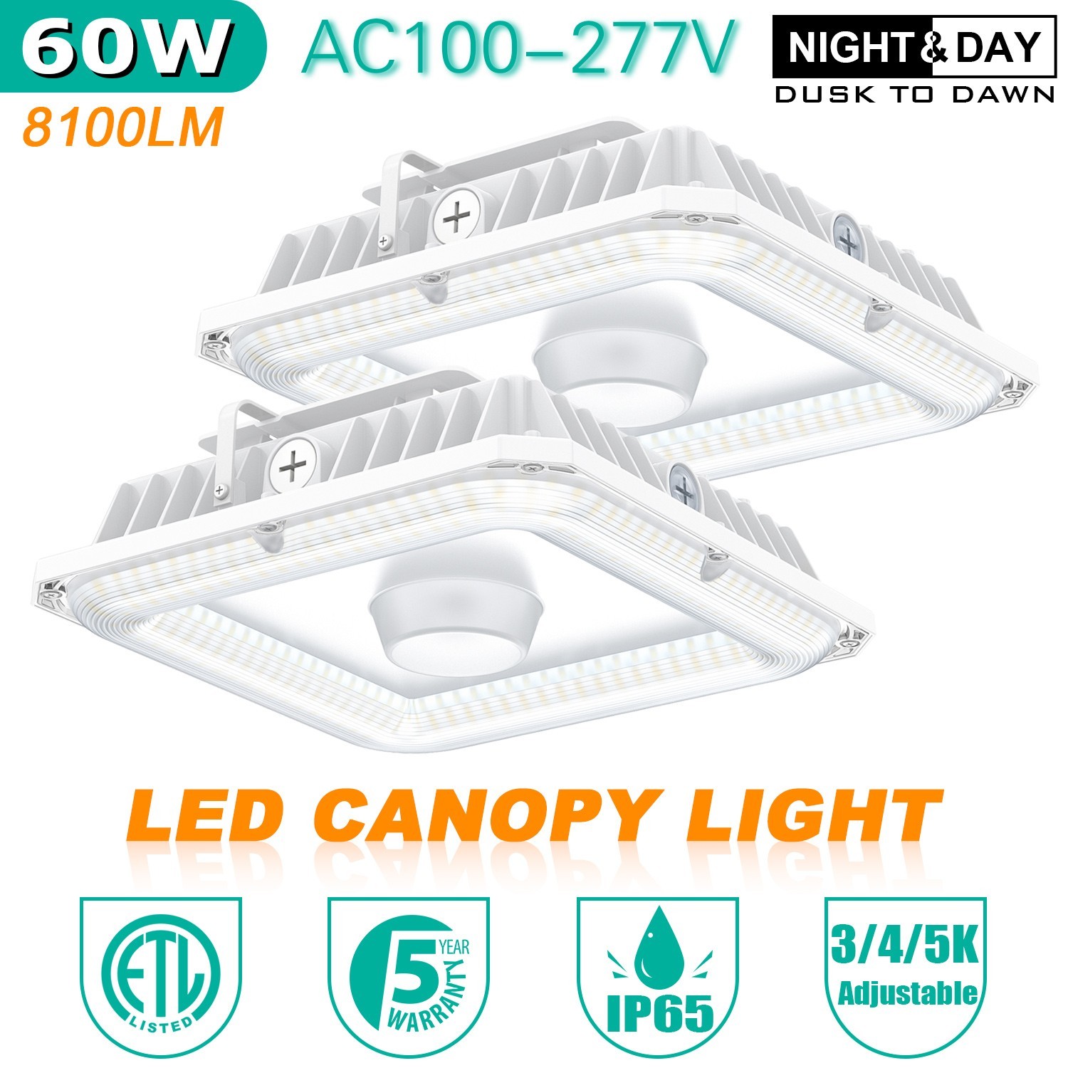2 Pack 100W LED Canopy Light Parking Lot Gas Station Lighting IP65 13,500LM ETL