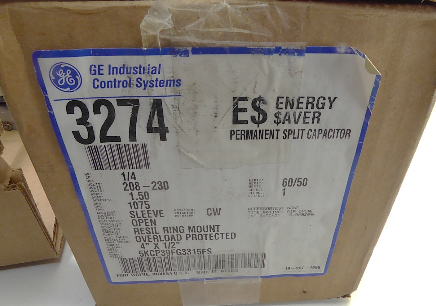 GE 5KCP39FG3315FS 1/4HP 208-230V 1.5A 1075RPM CW 3274 NEW IN BOX
