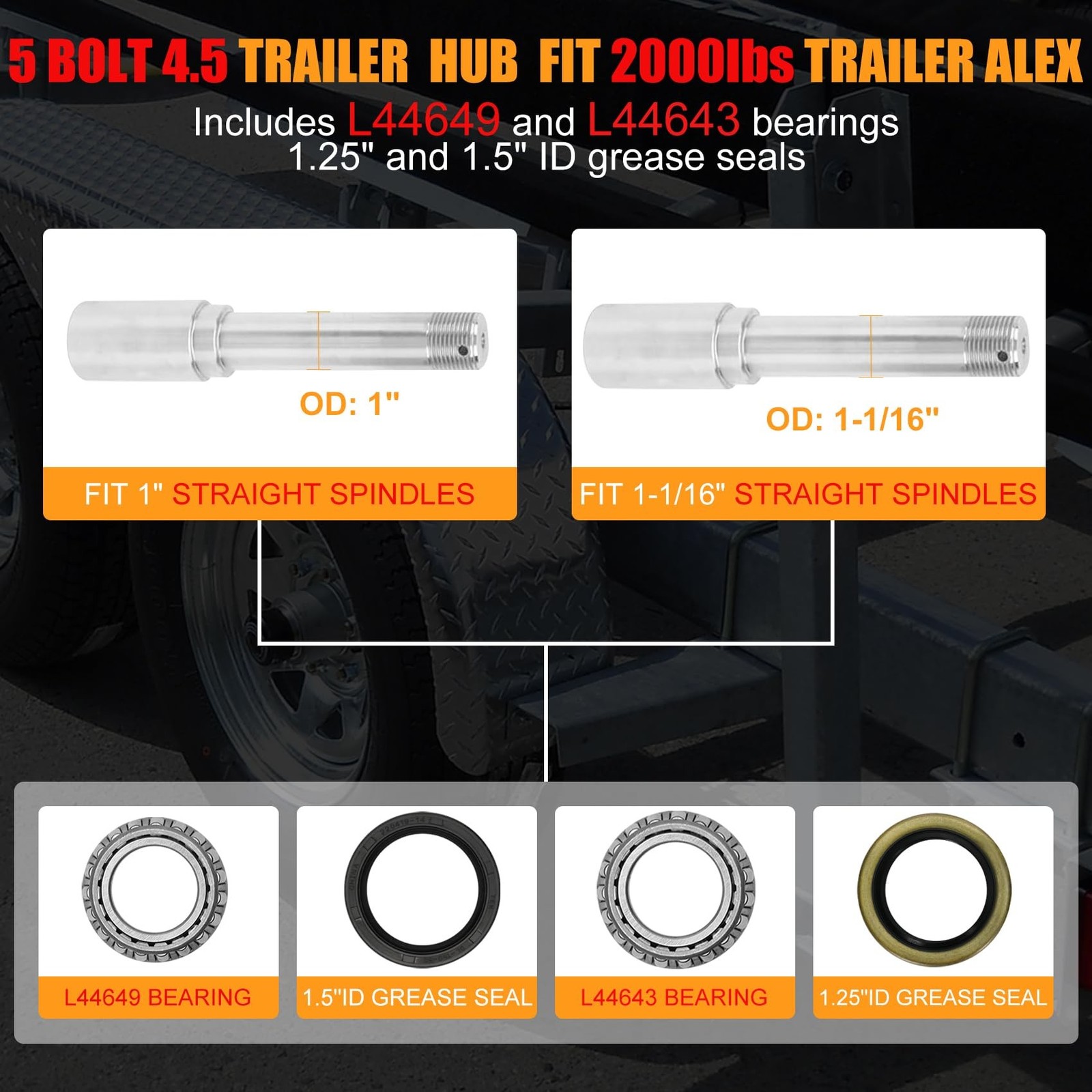 2 Sets 2000lb Trailer Axle Trailer Hub Kit 5 Bolt 4.5″,Trailer Hub 5 Lug fit …