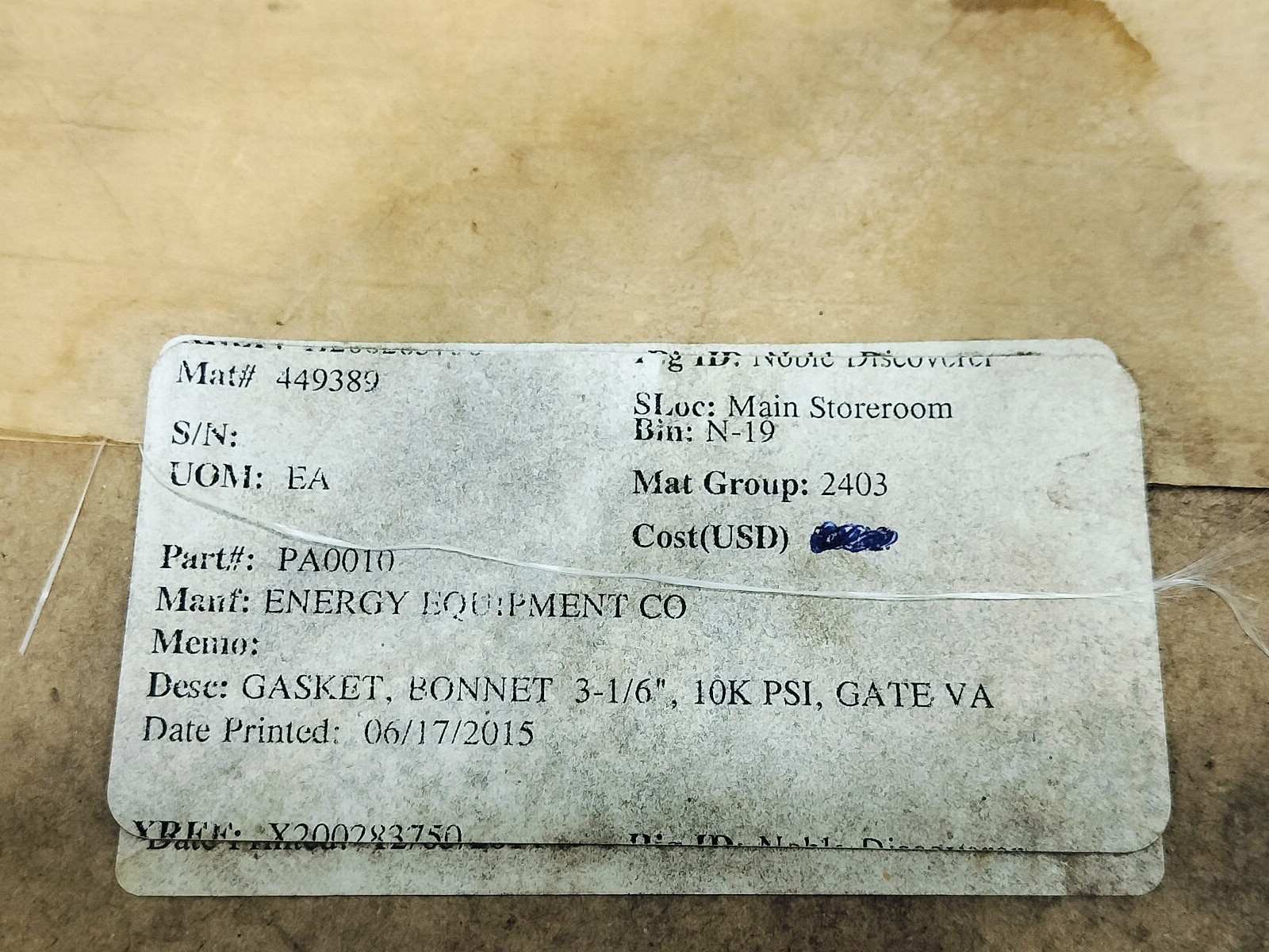 NOV/ENERGY EQUIPMENT PA-0010 REV B S316 Gasket Bonnet 3-1/16″ 10K PSI PA-0010/B