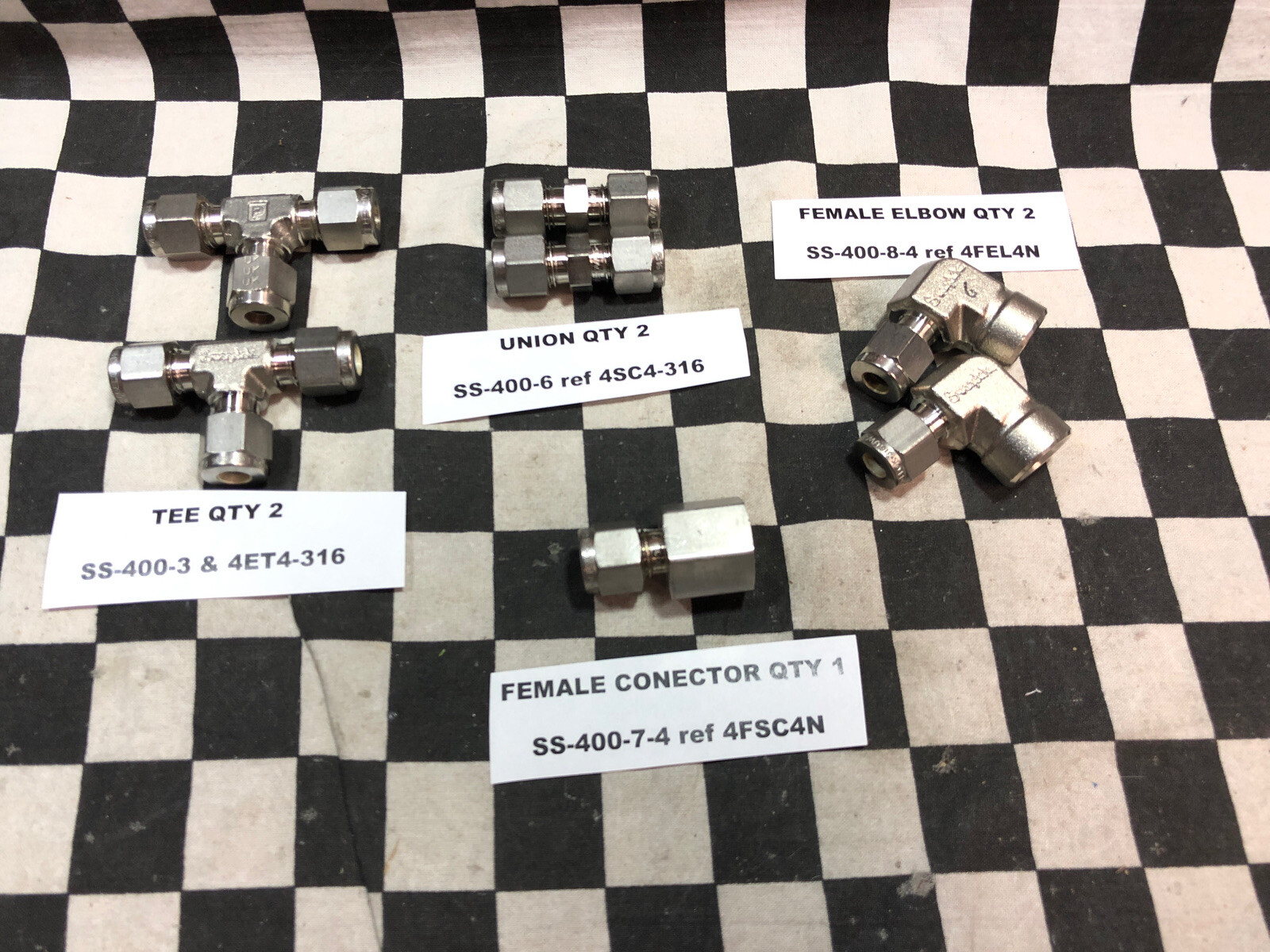 PARKER/SWAGELOK TEE ELBOW 1/4” SS-400-3, 4ET4-316, SS-400-8-4 , LOT OF 7#1649V4