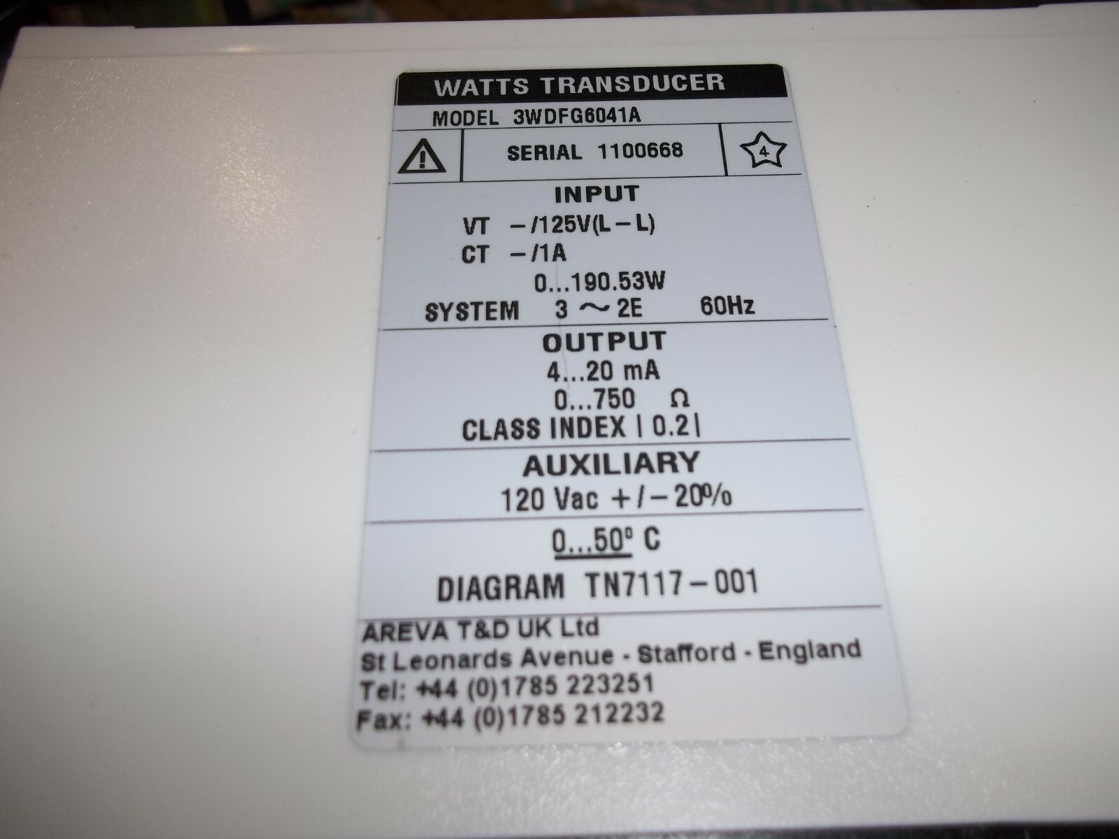 WATTS TRANSDUCER 3WDFG6041A AREVA ISTAT 300 DIAGRAM TN7117001 (WL18)