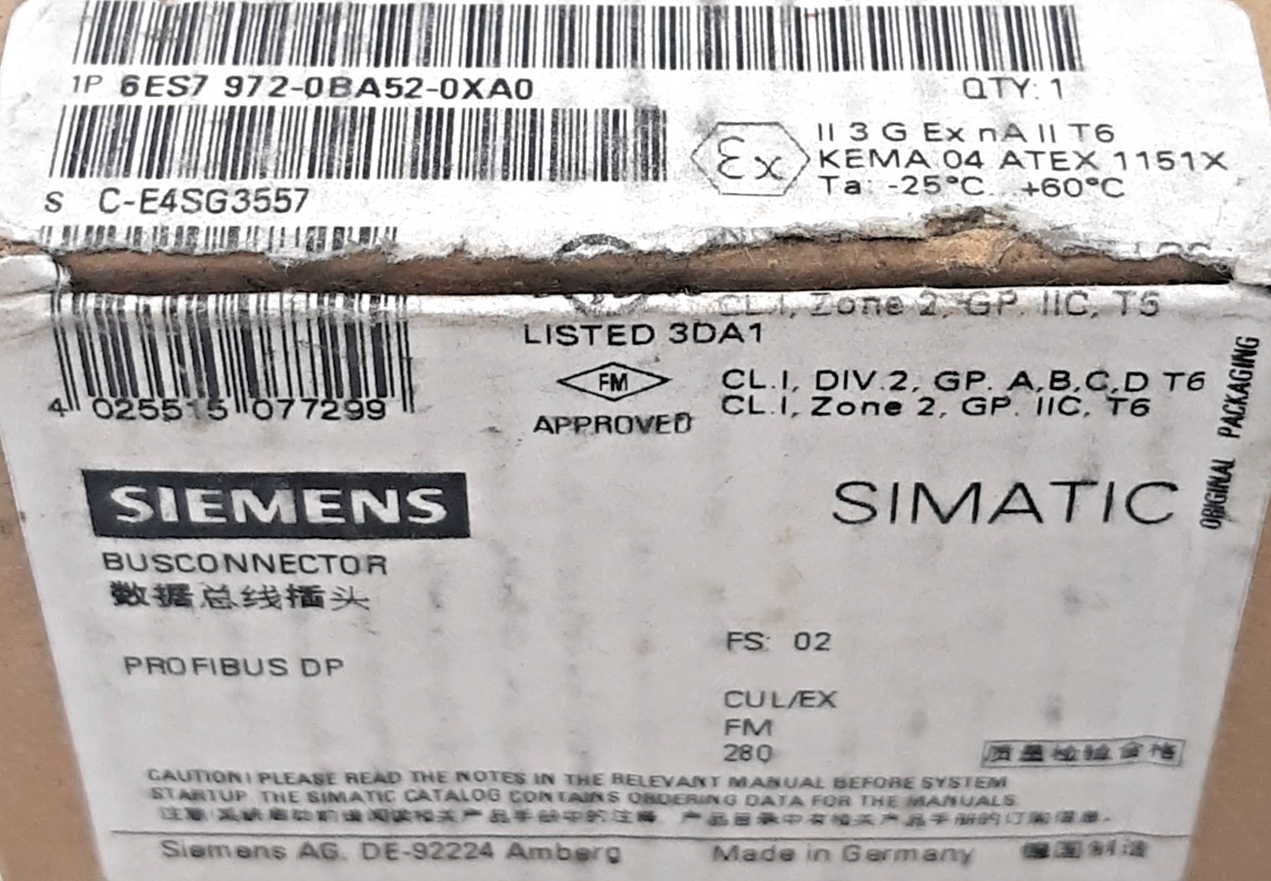 Siemens 6ES7 972-0BA52-0XA0 Profibus Connection Plug