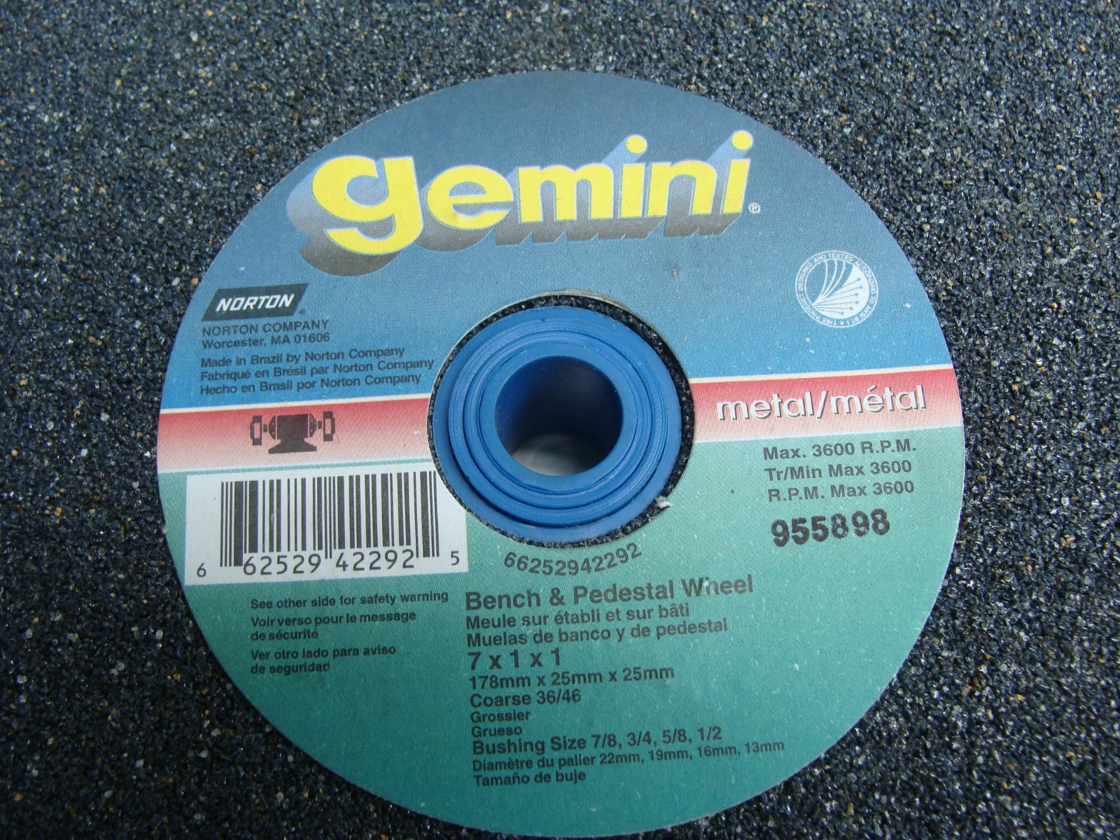 NORTON GEMINI GRINDING WHEEL 66252942292 7 X 1 X 1 COARSE GRIT 3600RPM