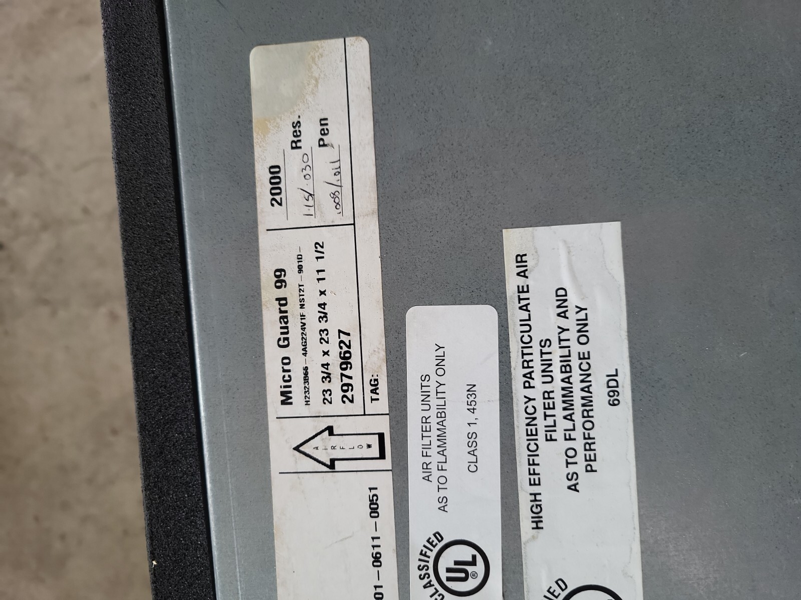 AIRGUARD MICRO GUARD 99 Air Filter H2323B66-NST2T901D 2000-CFM 4330015298929