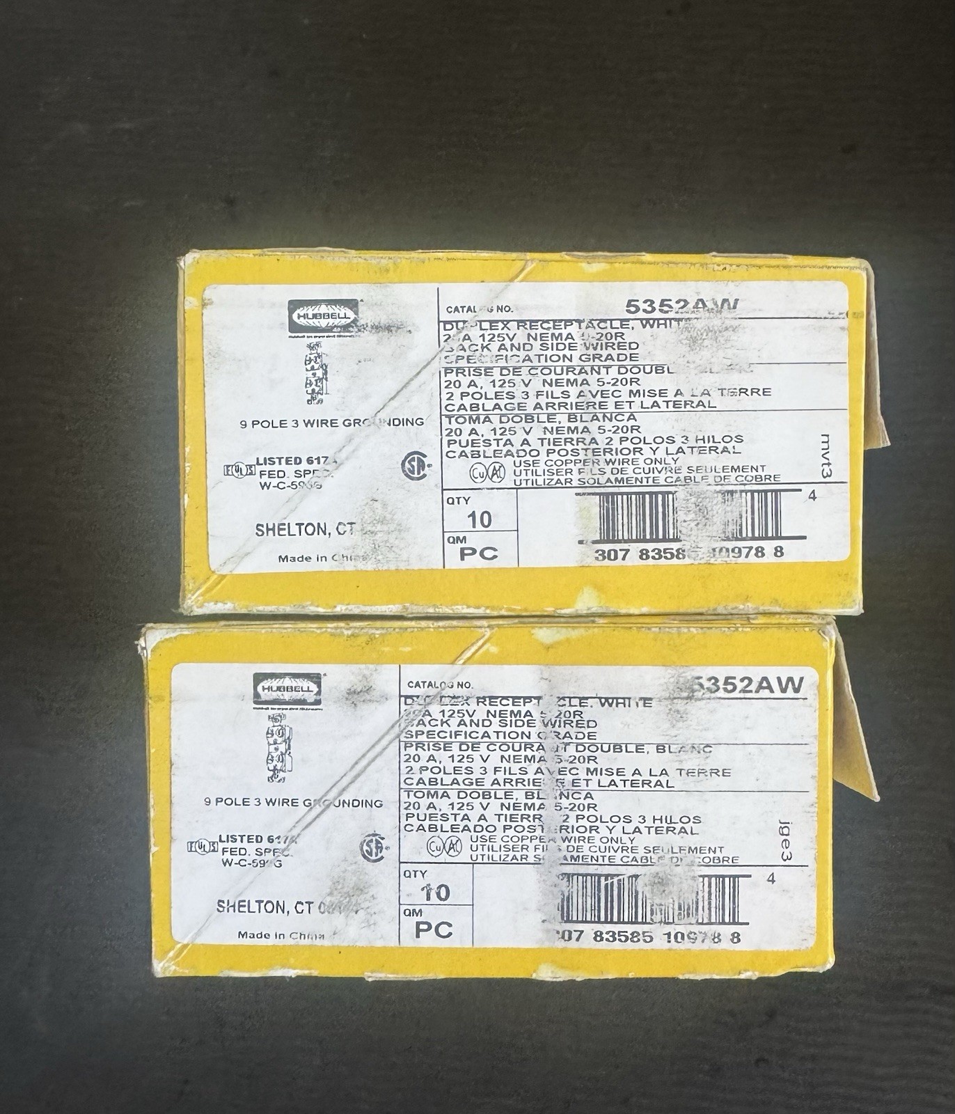 LOT OF (2) NEW BOX OF 10 HUBBELL 5352AW DUPLEX RECEPTACLE WHITE 20A 125V SEALED
