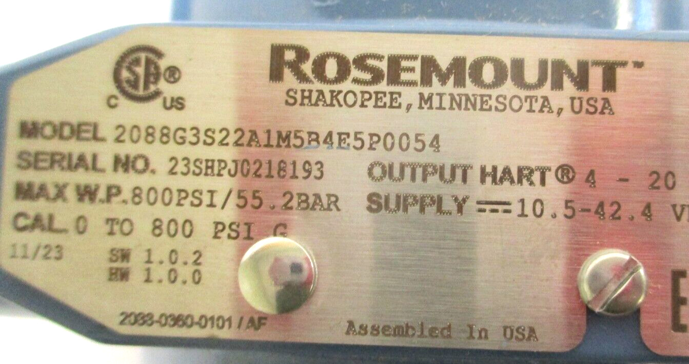ROSEMOUNT, 2088G3S22A1M5B4E5P0054, GAUGE PRESSURE TRANSMITTER, 800 PSI, SURPLUS