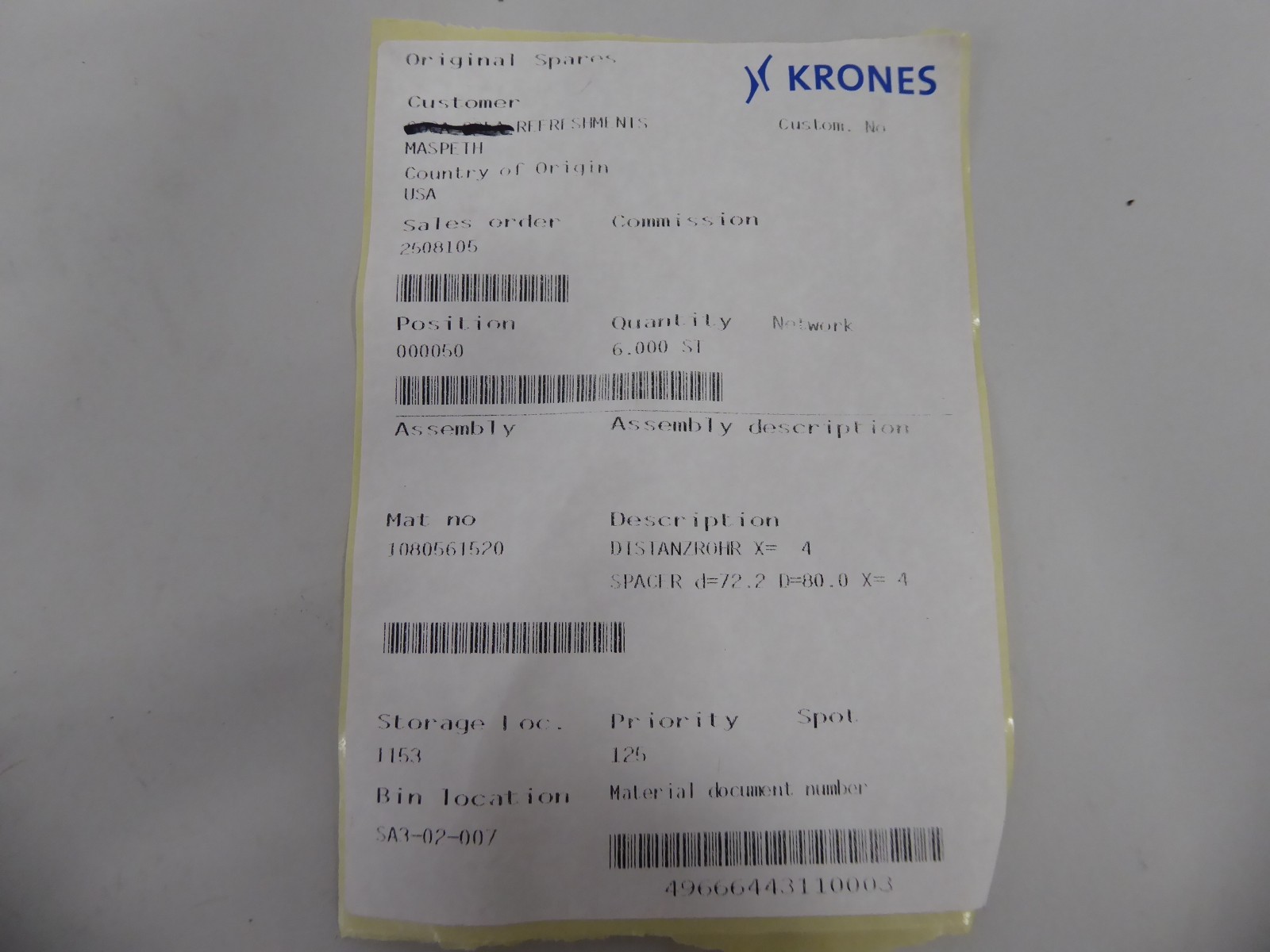 Krones 1 080 56 152 0 Spacer 72.2 x 80.0 x 4 (Pack of 6) 1080561520