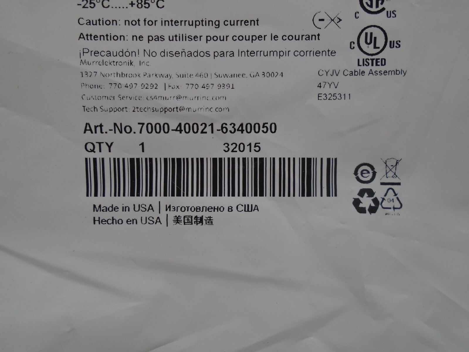 New old Stock 7000-40021-6340050 Murr Elektronik Cable R62