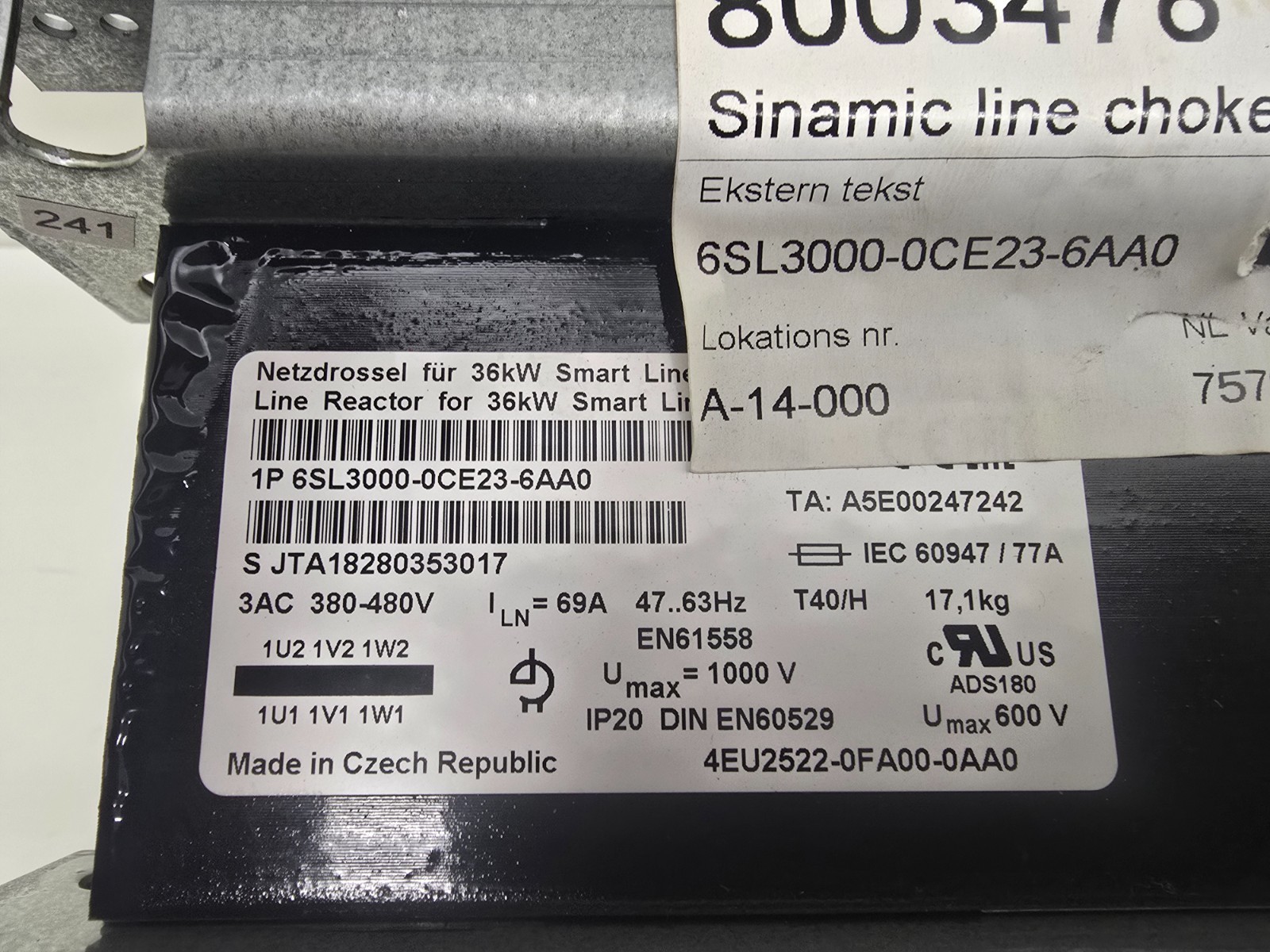 NEW OLD STOCK! SIEMENS 36KW LINE REACTOR 6SL3000-0CE23-6AA0