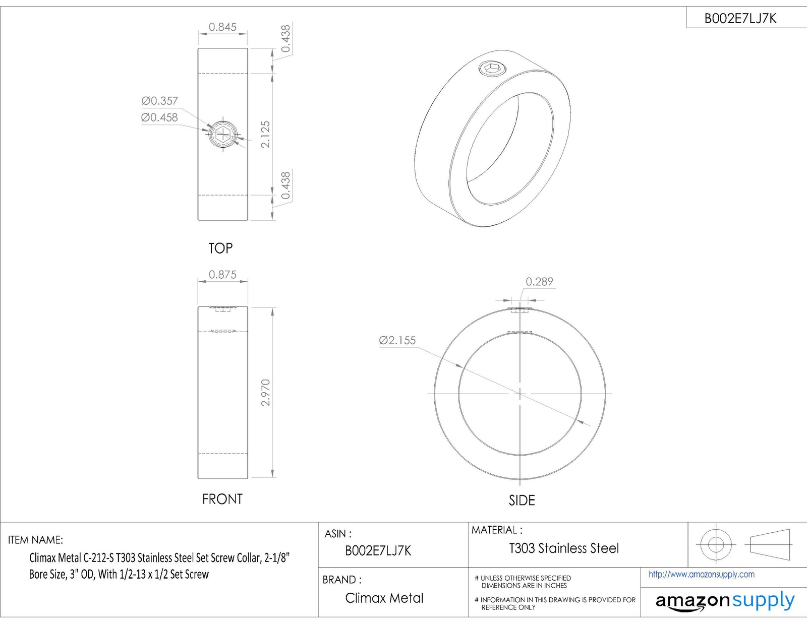 Climax Metal C-212-S T303 Stainless Steel Set Screw Collar, 2-1/8″ Bore Size,…