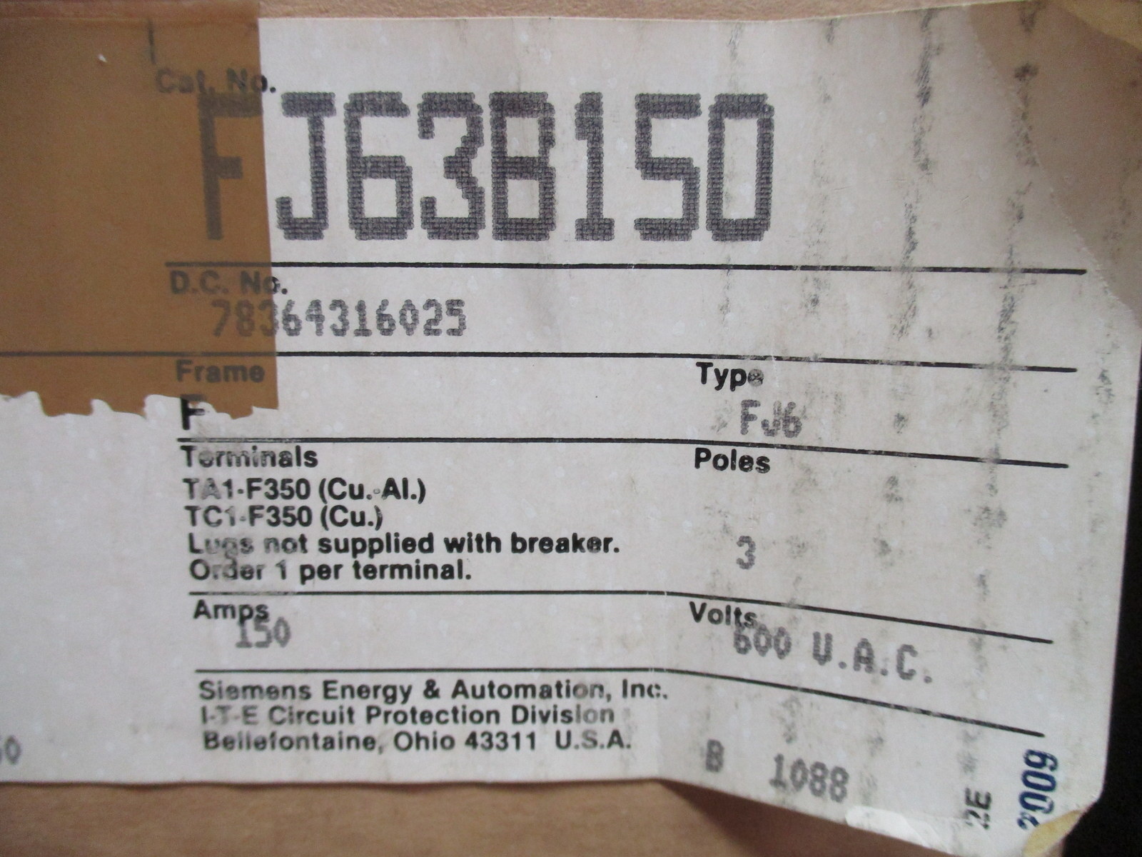 ITE FJ63B150 Siemens 150 AMP Circuit Breaker