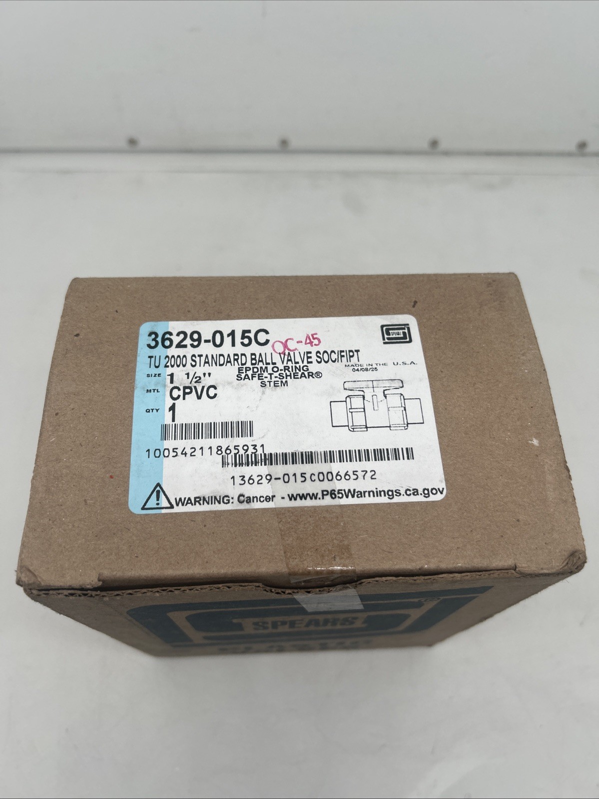 Spears 3629-015C 1-1/2 CPVC TU2K STANDARD BV SOC/FPT EPDM