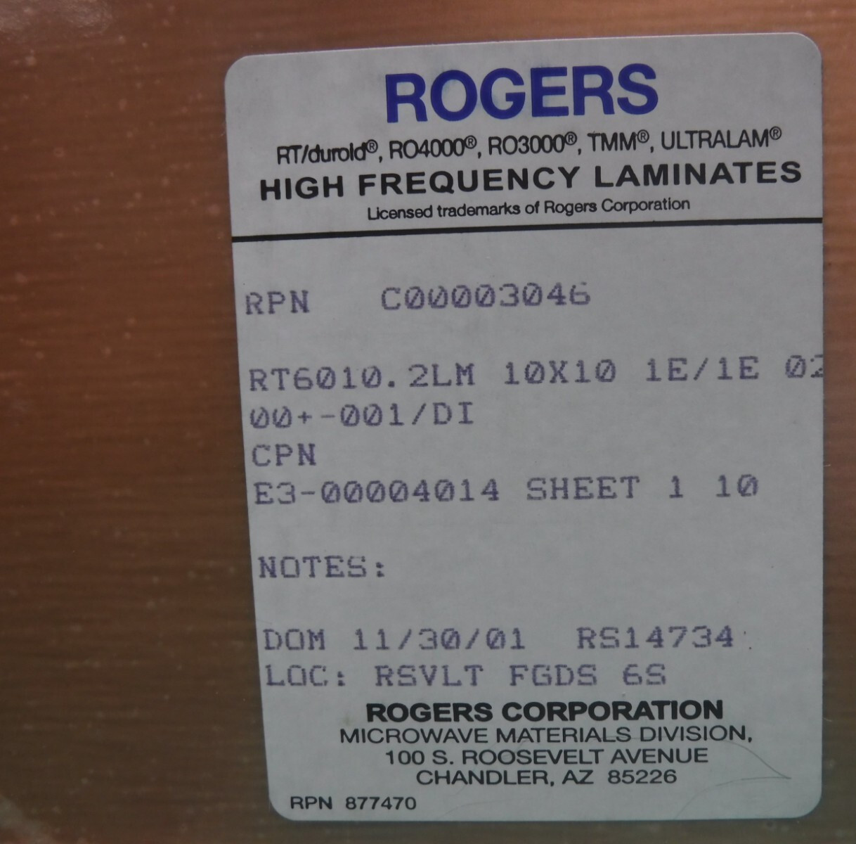 Rogers 6010.2 High Frequency Copper Laminate 10×10″ Sheet microwave board proto