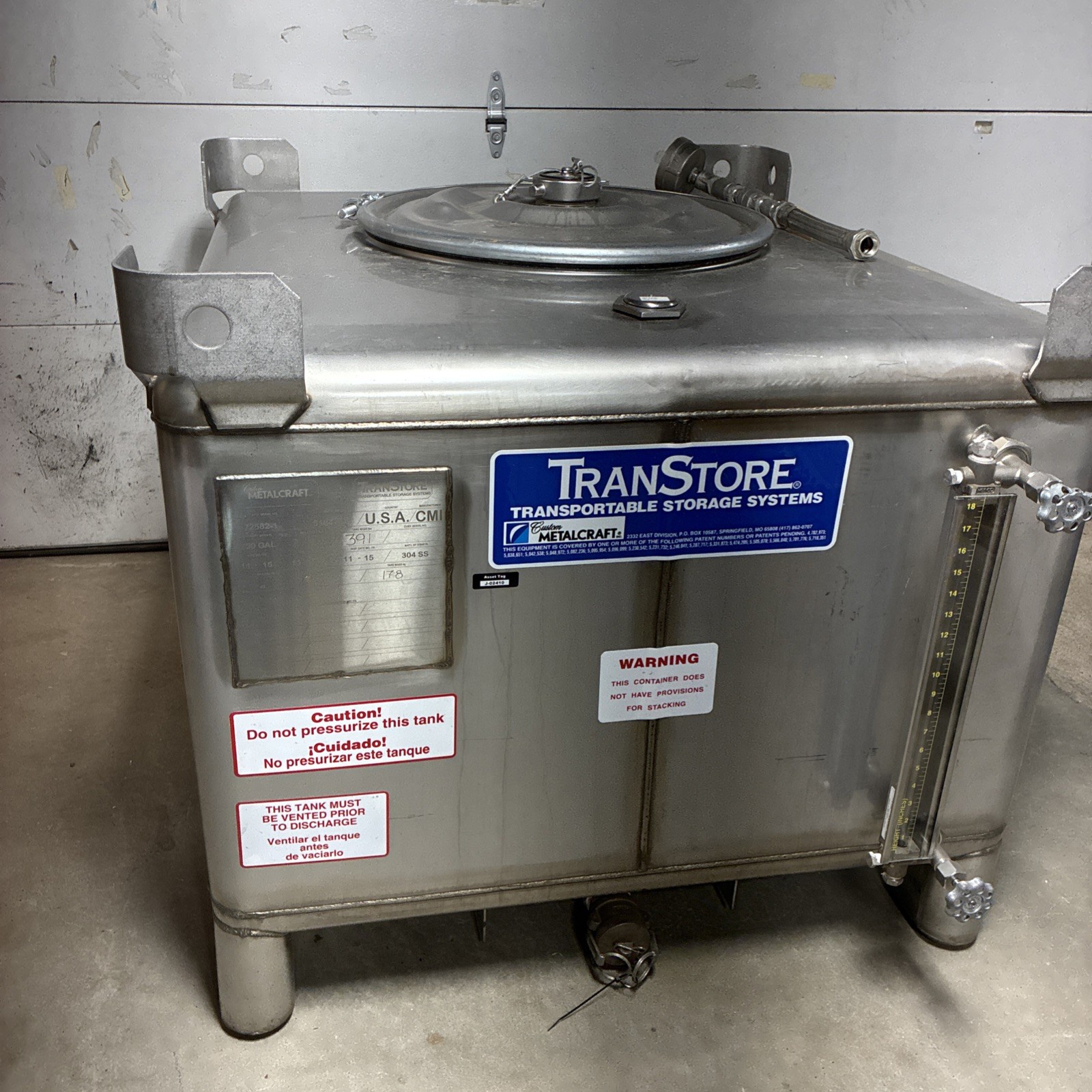 TranStore 250 Gallon 304 Stainless Steel Stackable IBC W/ Liquid Site Glass