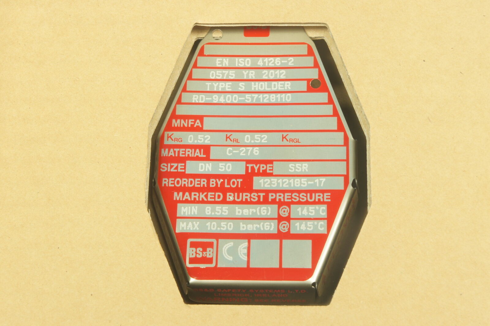 BS&B 12312185-17 SSR break disk 2in.(2″)/DN50 HASTC-276 8.55-10.50bar(G)@145°C