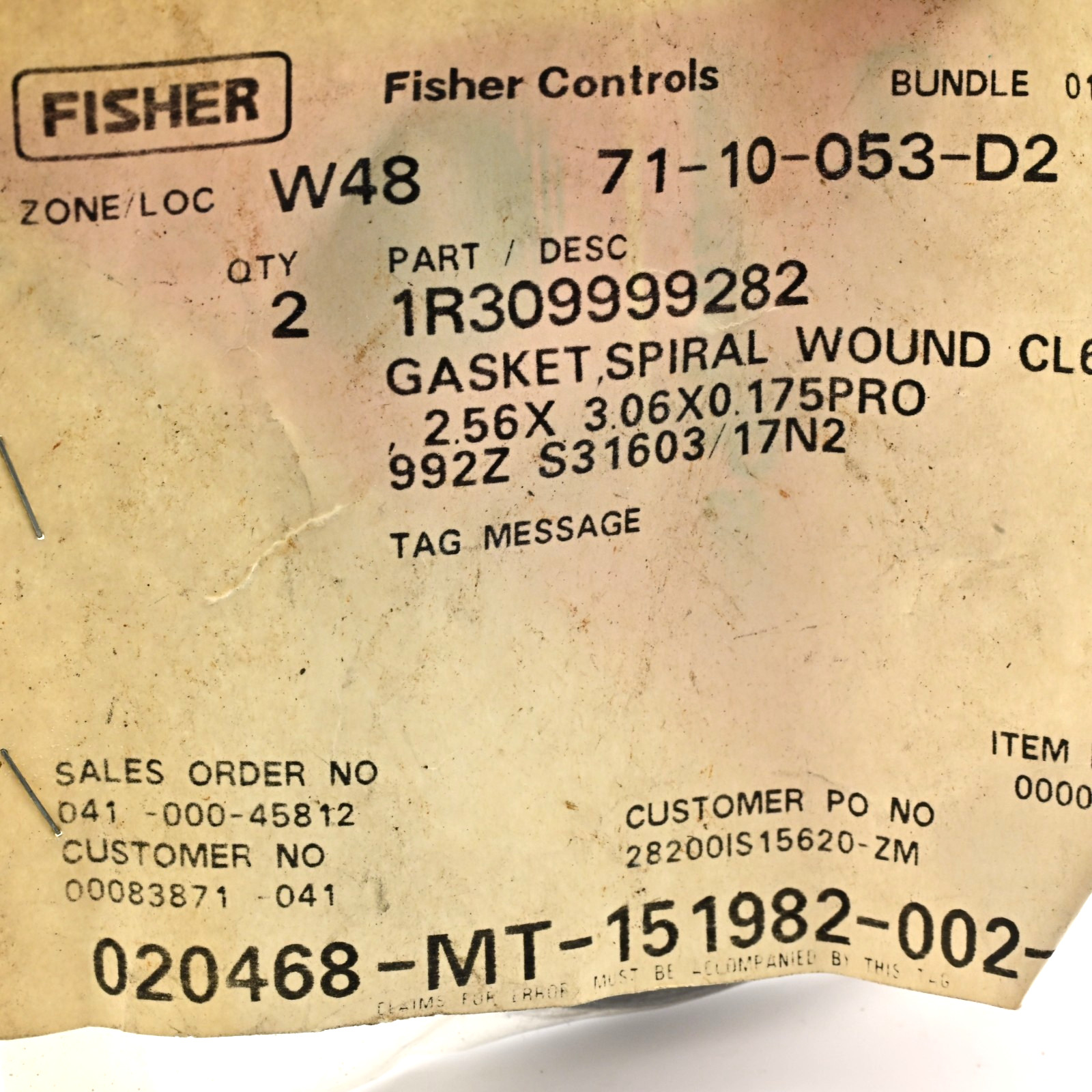 Fisher 1R309999282 Spiral Wound Gasket 2.56×3.06×0.175P (Qty 2)