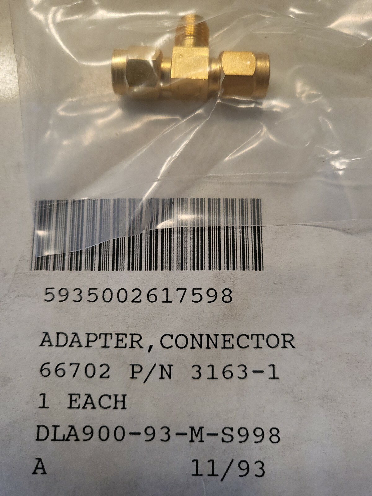 SMA RF Connector, “T” style, PN 3163-1, NSN 5935002617598, gold-plated, NOS