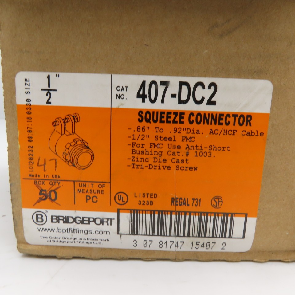 Bridgeport 407-DC2 1/2″ FMC Squeeze Connectors Zinc Die Cast Lot of 47