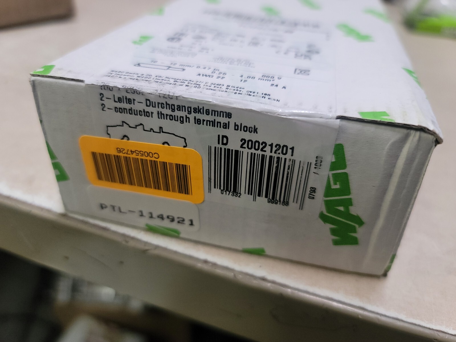 BOX OF 100 2002-1201, Wago, 2 Conductor Rl Mtd Term Blk-Tj NOB