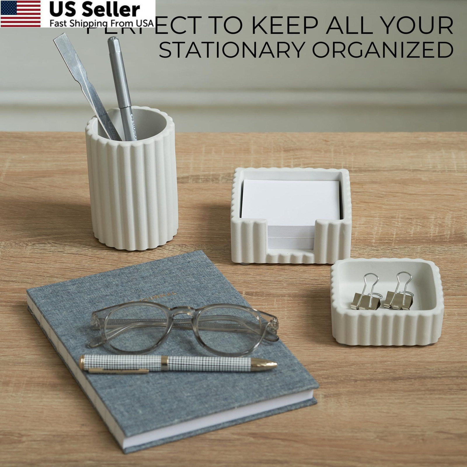 KIBAGA Modern Aesthetic Desk Accessories Set of 3 – Stylish Concrete Gray