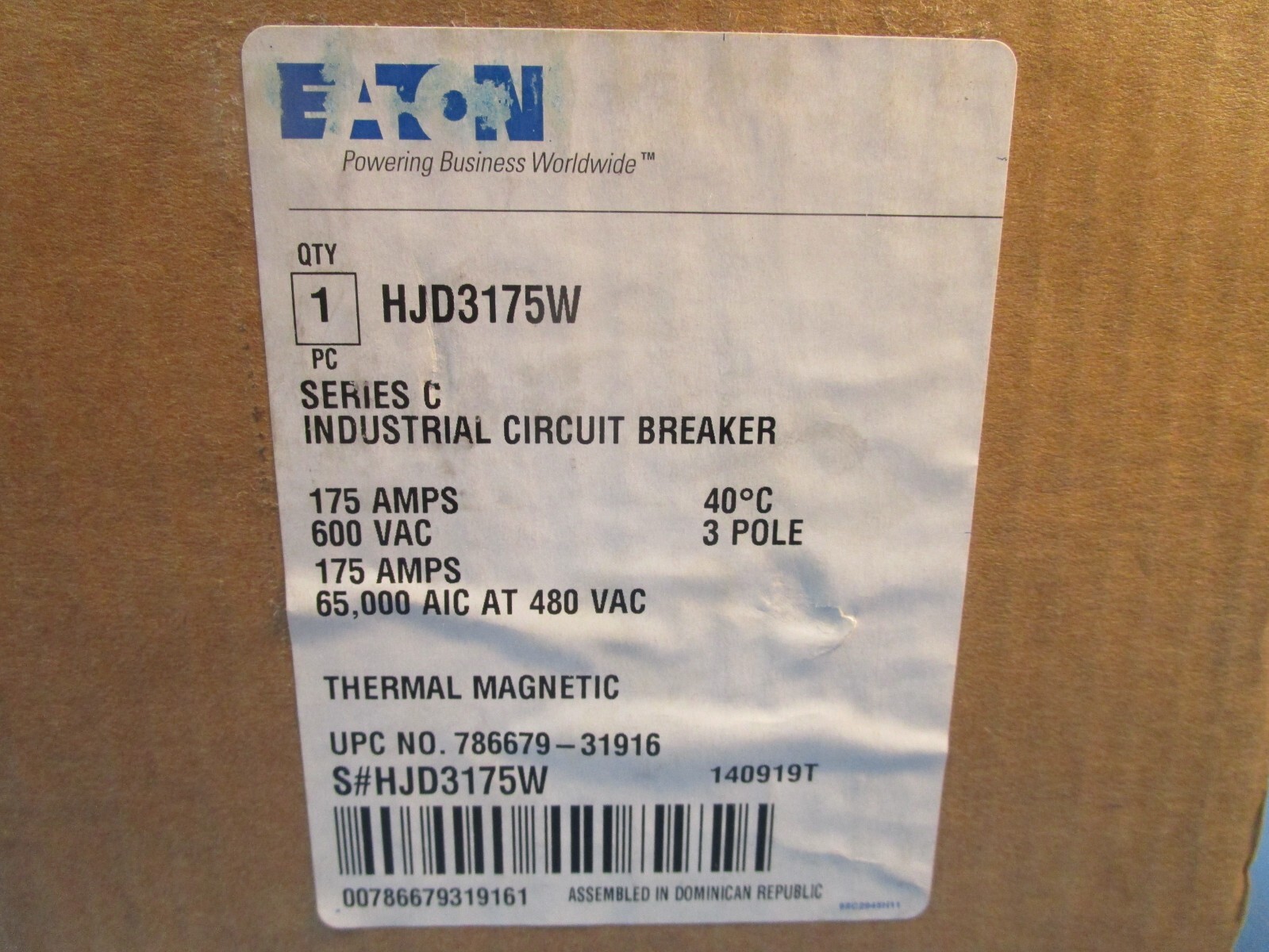 Eaton HJD3175W Molded Case Breakers (MCCBs) HJD 3P 175A 600V 50/60Hz 3Ph J Frame