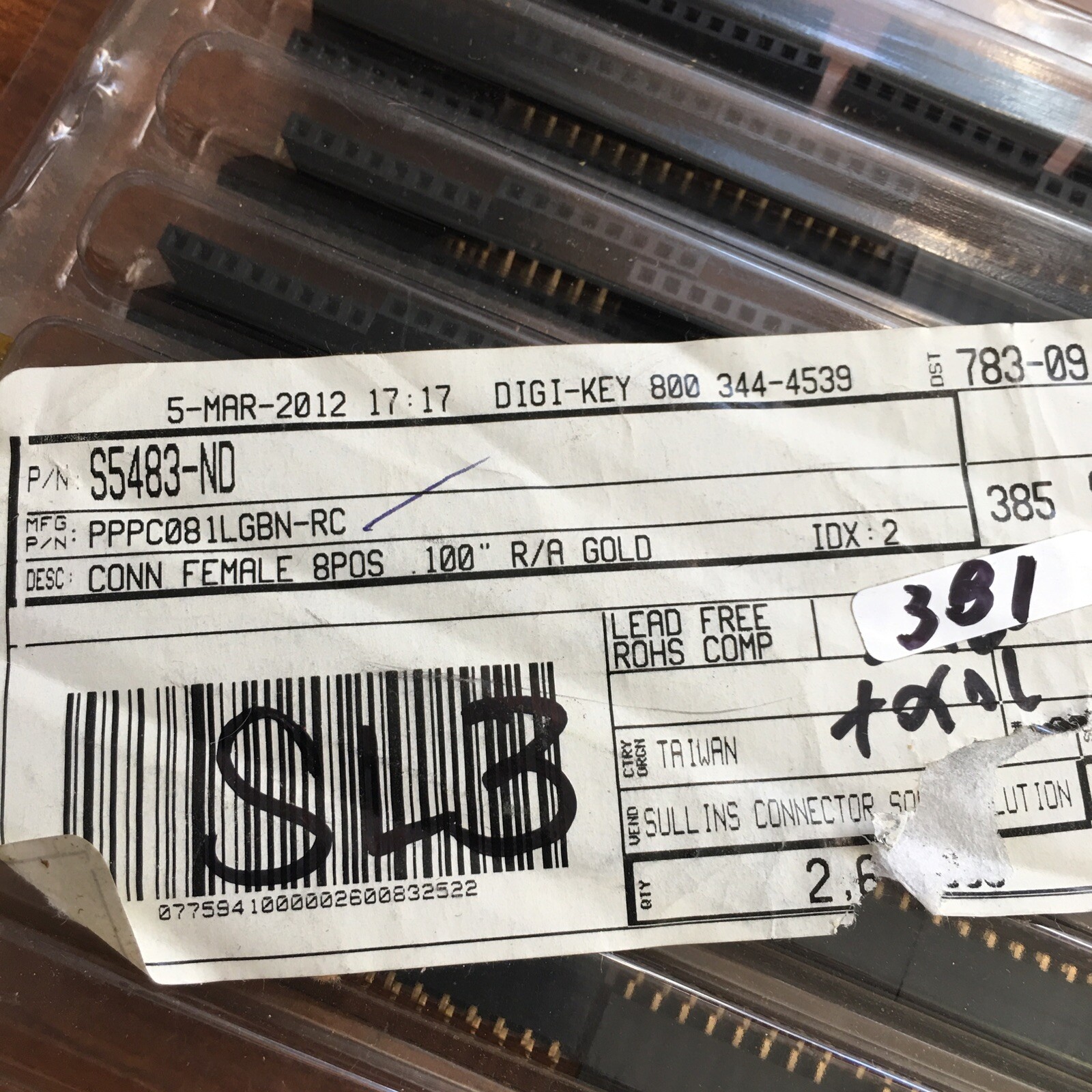Lot Of 140 Sullins PPPC081LGBN-RC 8 Position Header Connector 0.100” Thru Hole