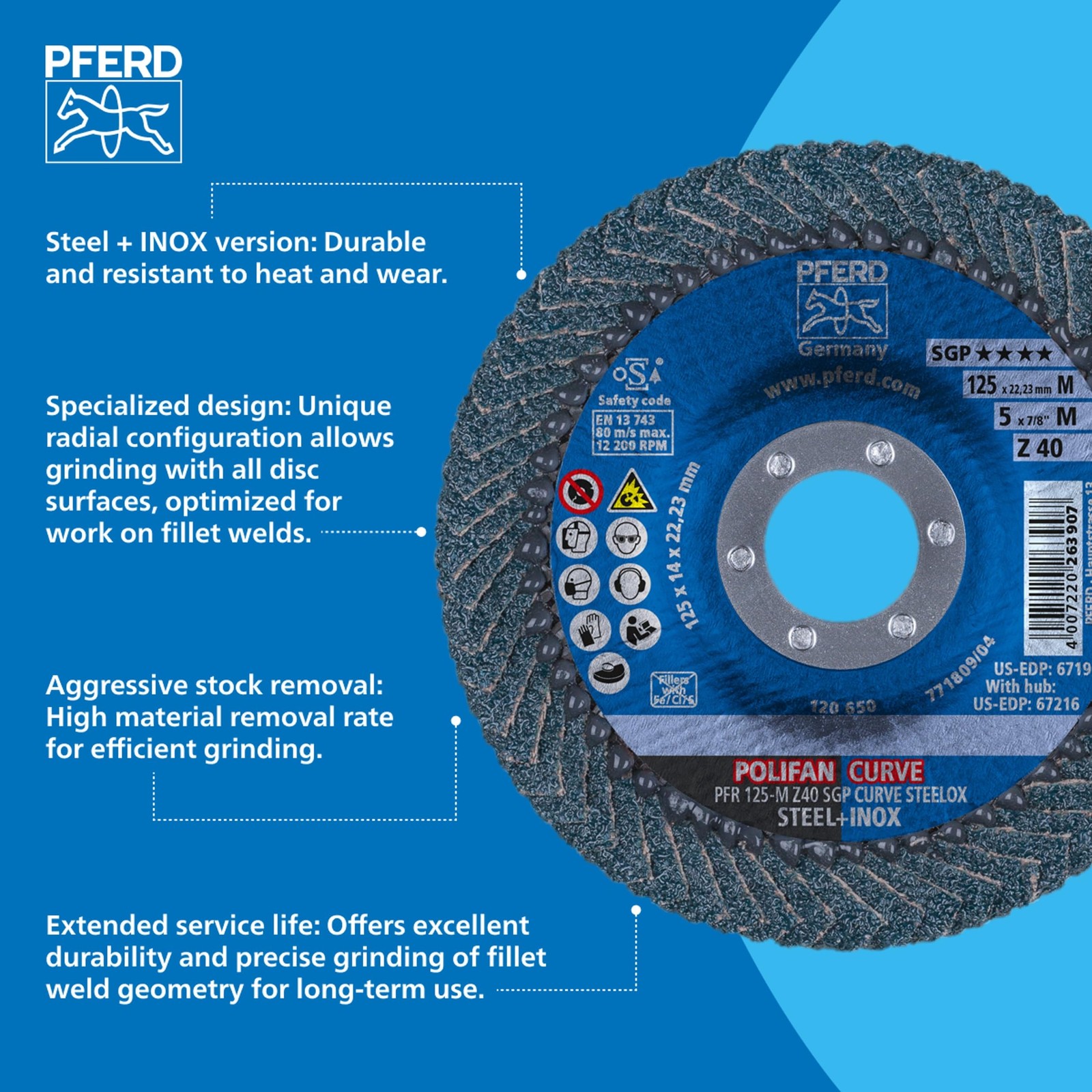 Pferd 5X7 8 Medium Flap Disc For Fillet Welds 60 Grit Zirconia Aluminum Oxide