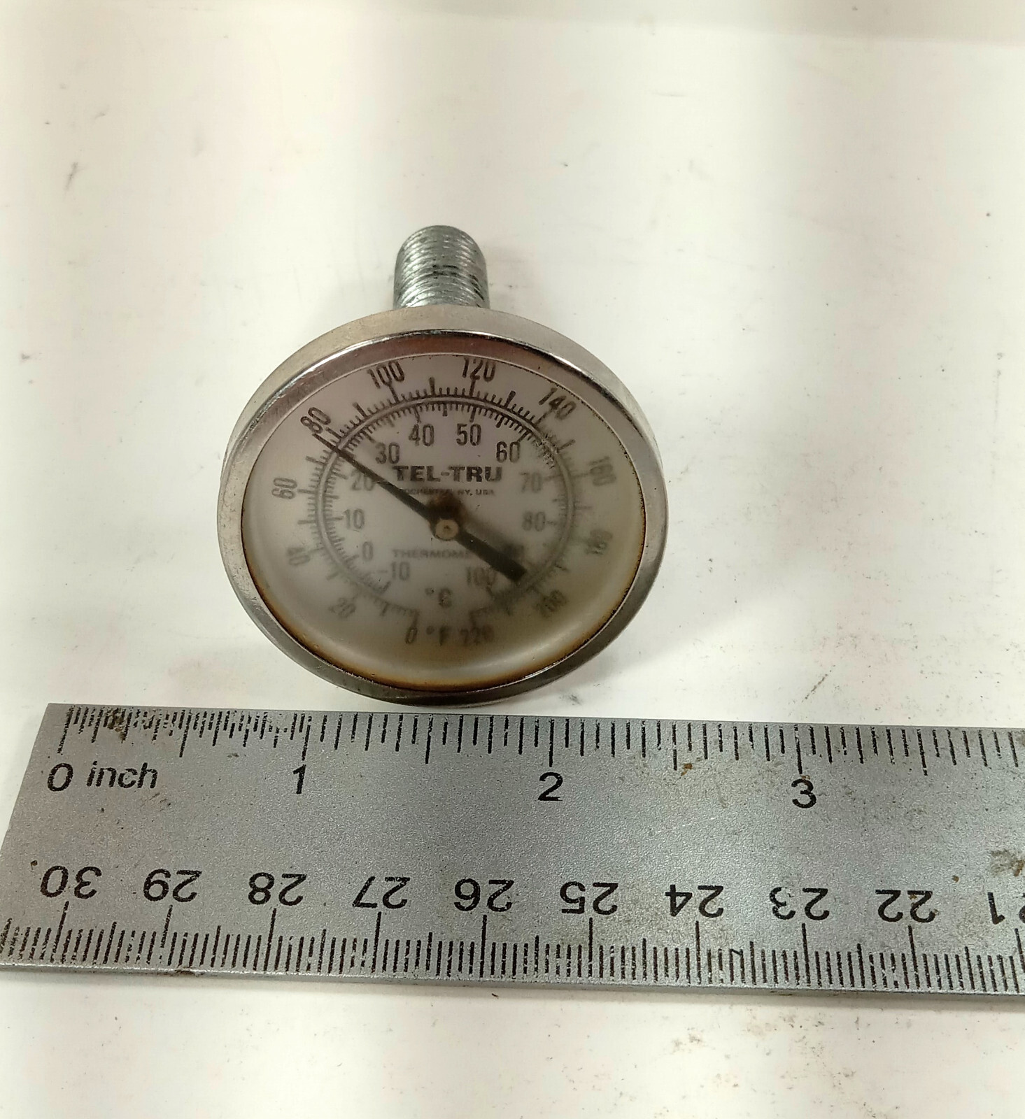 1 USED TEL-TRU 0-220 F 1-3/4 DIA 3″ STEM THERMOMETER ***MAKE OFFER***