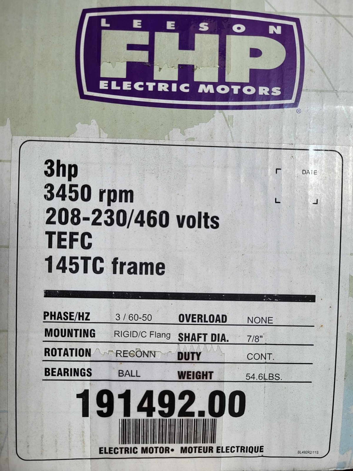 NSOP Leeson C145T34WK21A Motor 191492.00 3HP 3PH 3470RPM 208-230/460V AC 145TC