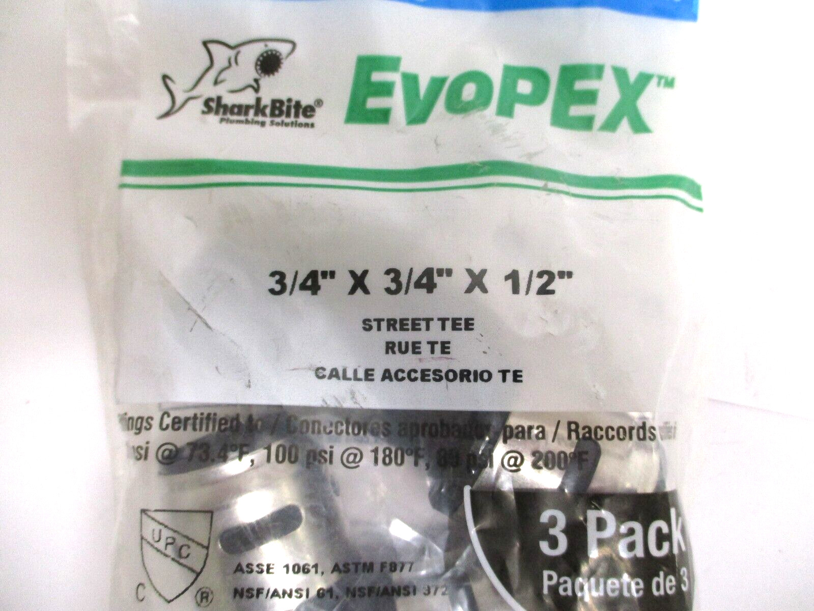 SHARKBITE, EVOPEX, K4483WP3 , 3/4″ X 3/4″ X 1/2″ STREET TEE , LOT OF 6 , SURPLUS