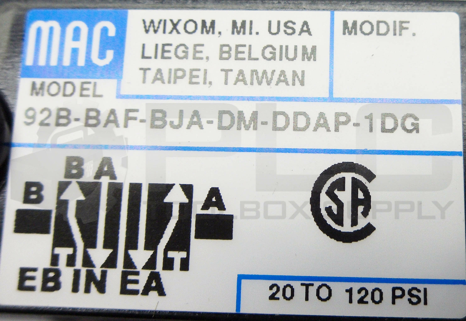NEW MAC 92B-BAF-BJA-DDAP-1DG SOLENOID VALVE 20 TO 120PSI W/DM3A-DDAP-1DG
