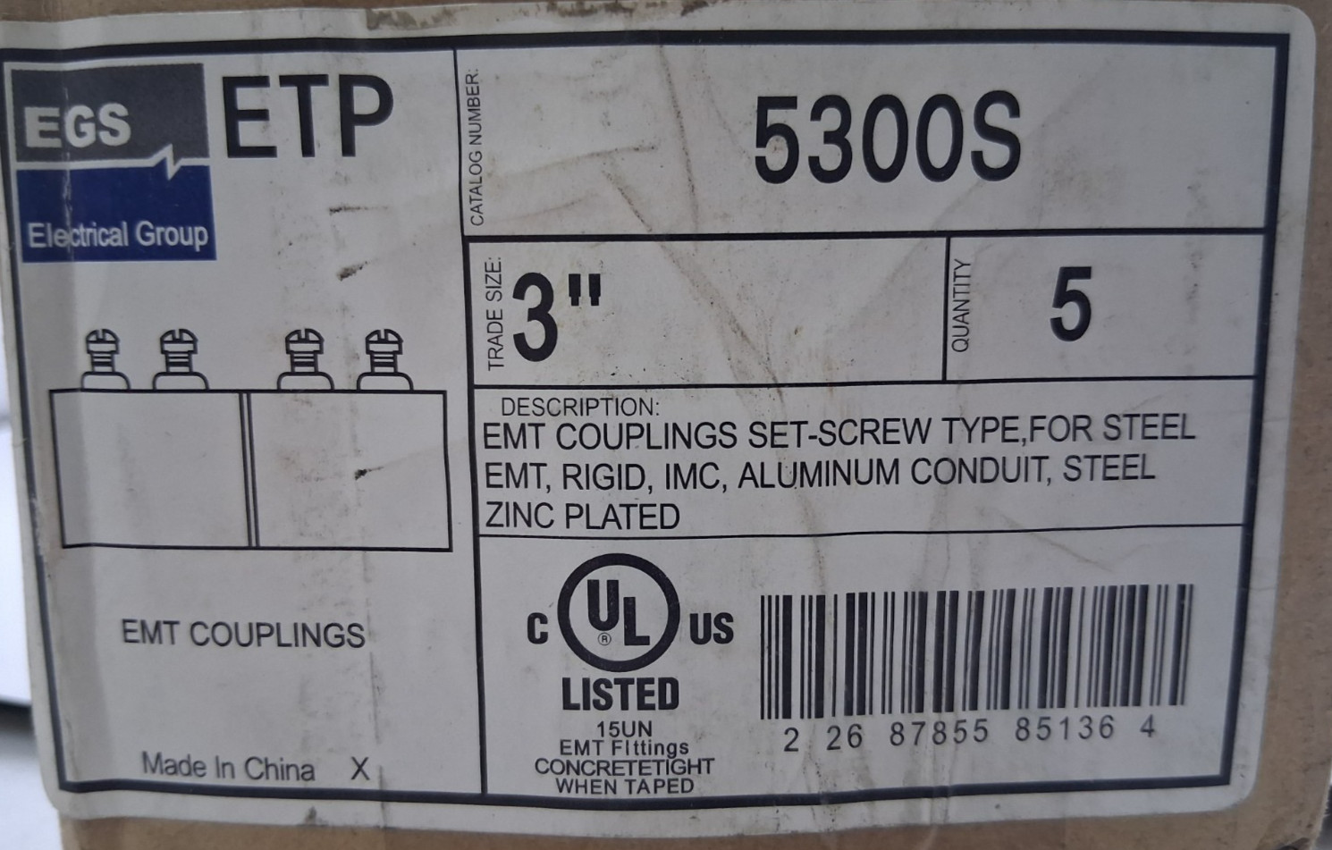 EGS ETP 5300S-EMT Couplings Set-Screw Type-Box of 5