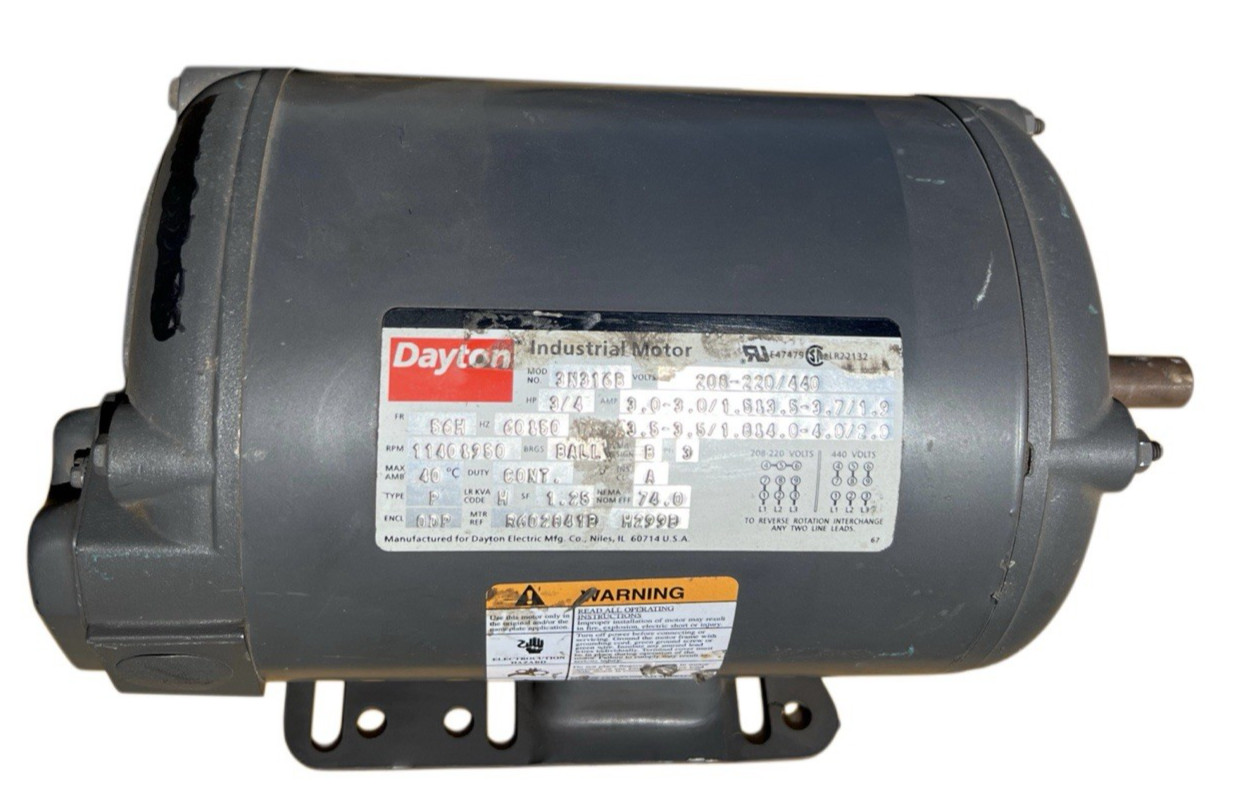 Dayton Ind Motor 3N316B AC Motor 3/4Hp 1140 & 950RPM 208-220/440V New Quick Ship