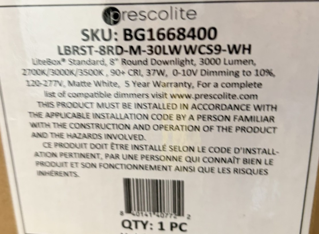 Prescolite LED LiteBox Downlight, 8 inch round, 3000 lumen, color selectable