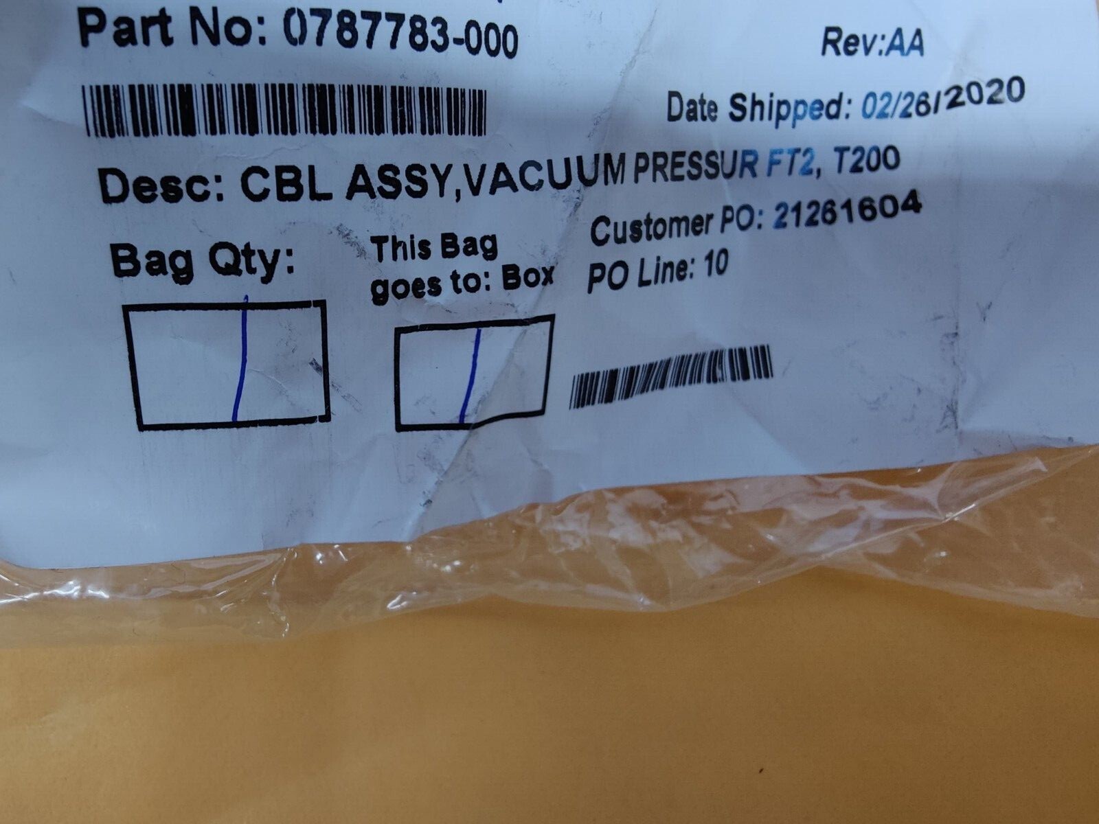 NPI SOLUTIONS 0787783-000 CBL ASSY , VACUUM PERESSUR FT2 , T200 REV:AA