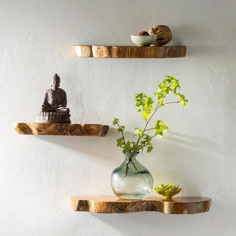 Set of 3 Live Edge Teak Floating Shelves Rustic Natural Wood Wall Decor Display