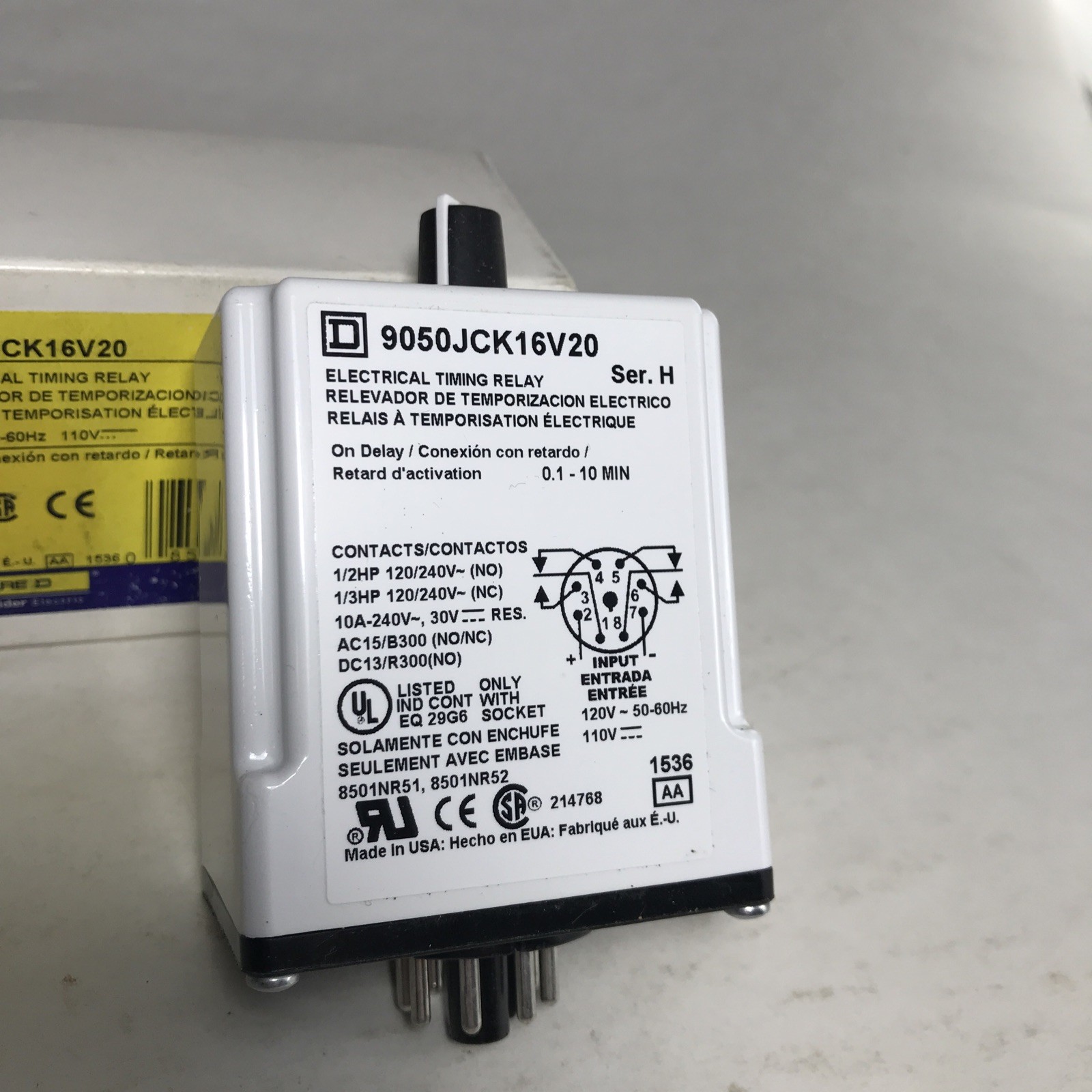 SQUARE D 9050JCK16V20 ELECTRICAL TIMING RELAY 0.1-10MIN Ser H On Delay 120v