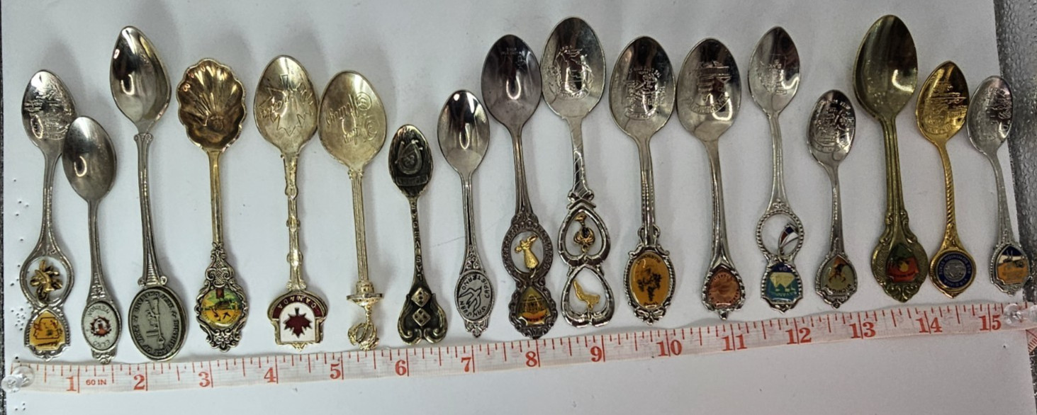 Lot of 18 Souvenir Mini Spoons-States, Places, Countries-Silver Plated, Brass