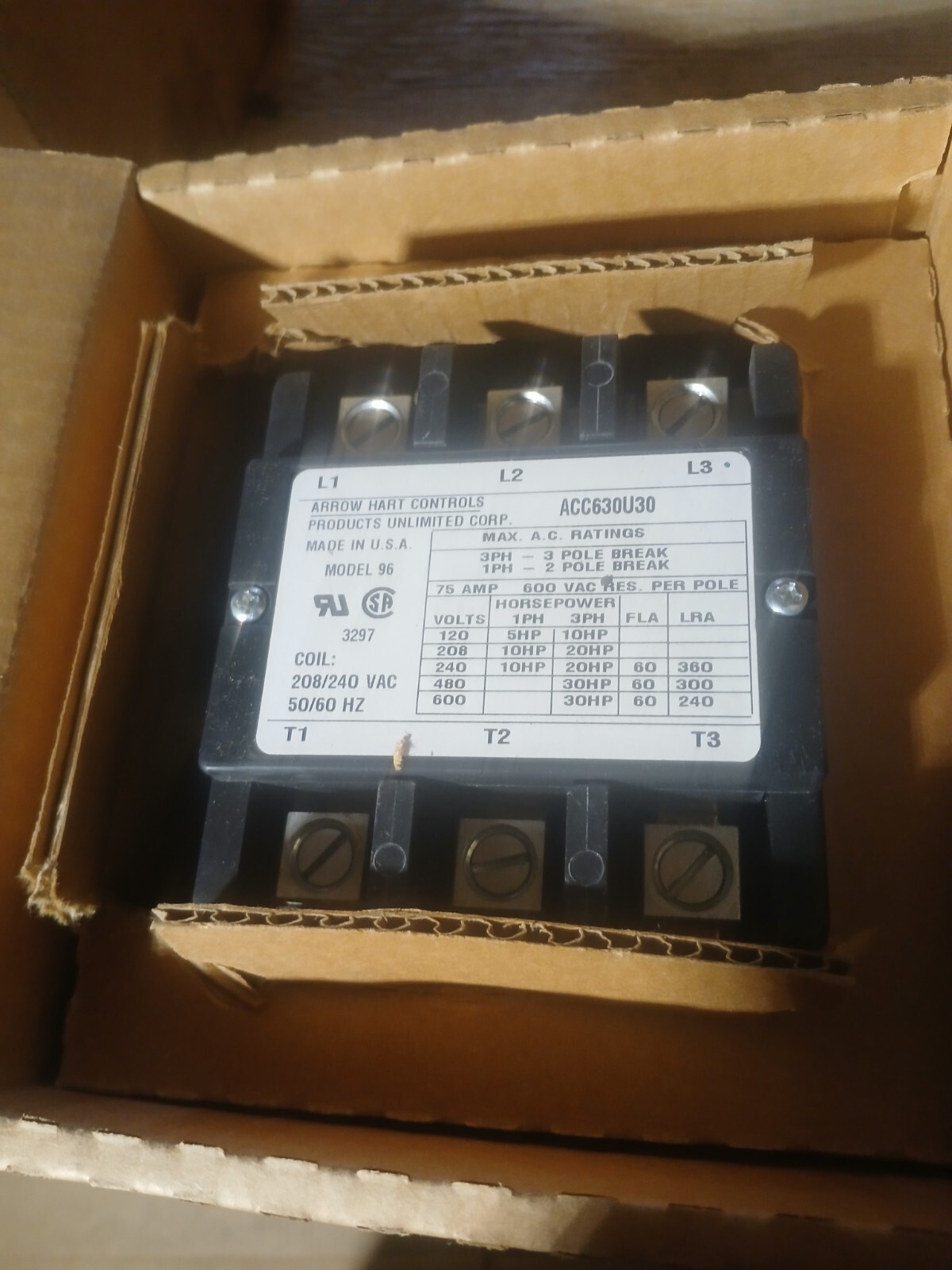 NEW ARROW HART, ACC630U30, Magnetic Contactor, 3ph, 60A, 208-240V. Coil Model 96