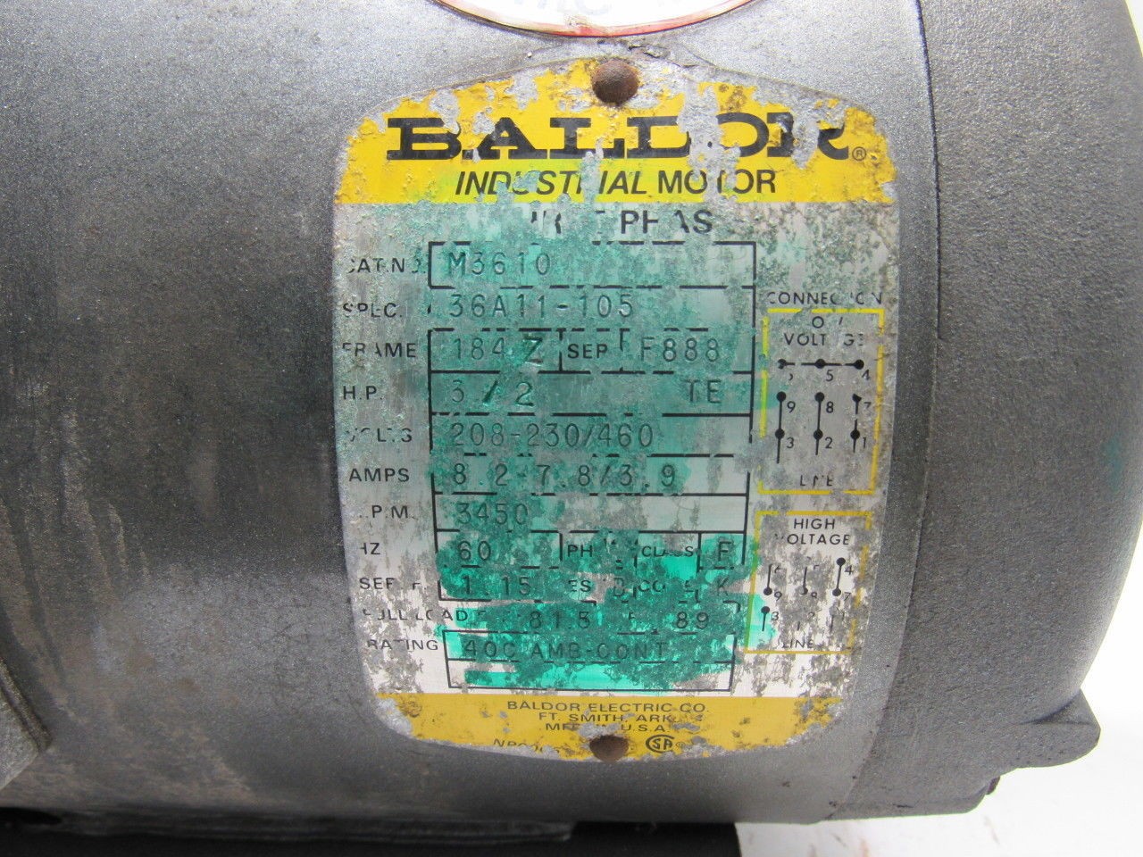 Baldor M3610 3/2 Hp Extended Shaft 7/8″ 5″ Long AC Motor 208-230/460 3450 RPM