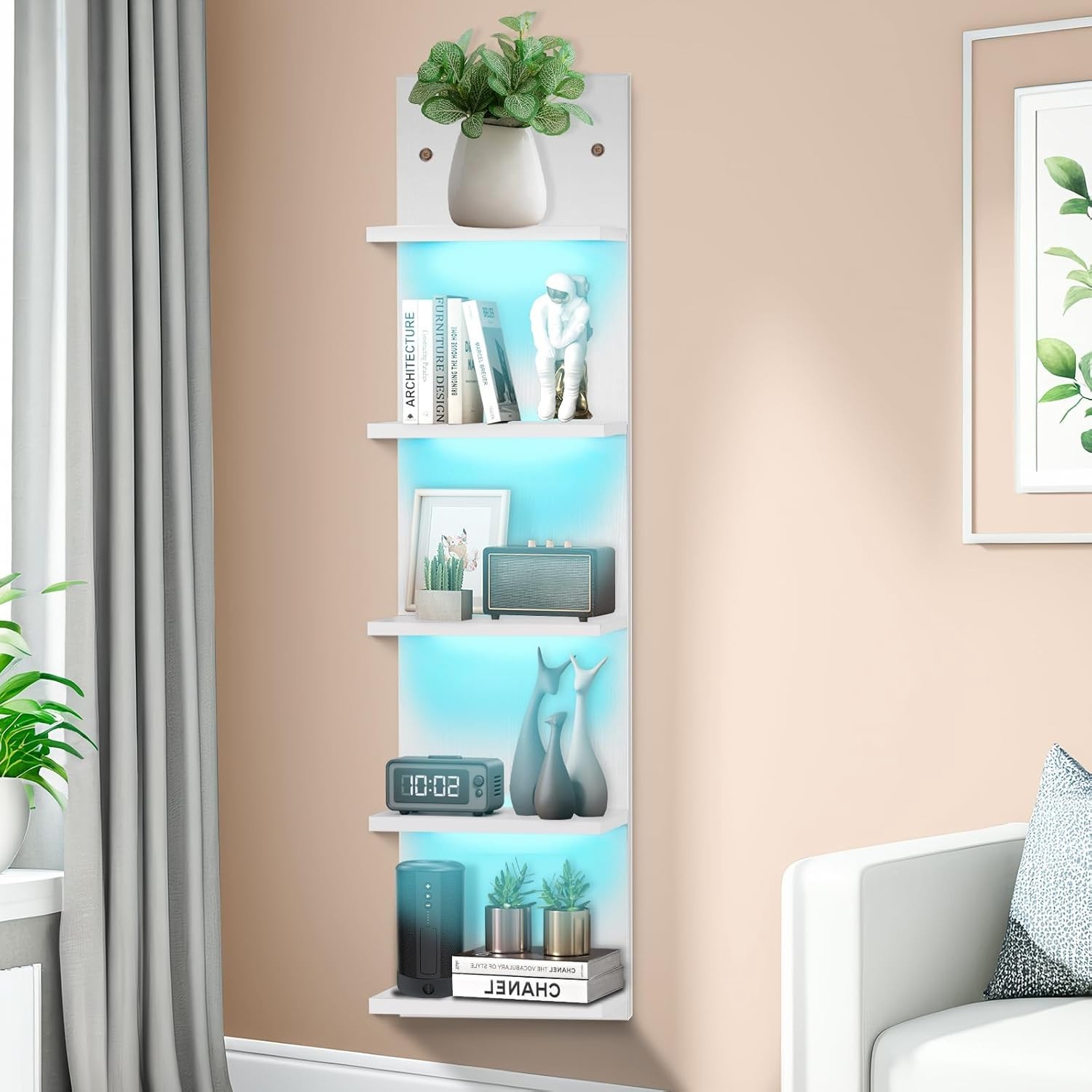 5-Tier LED Wall-Mount Display Shelf – RGB Lighting, Floating Storage for Bedroom
