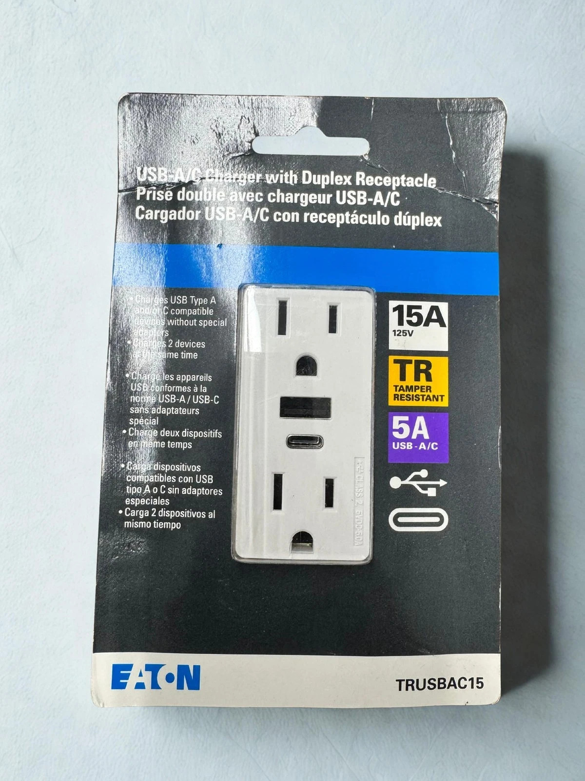 NEW Eaton TRUSBAC15W White USB-A|C Charger With Duplex Receptacle NEW Sealed
