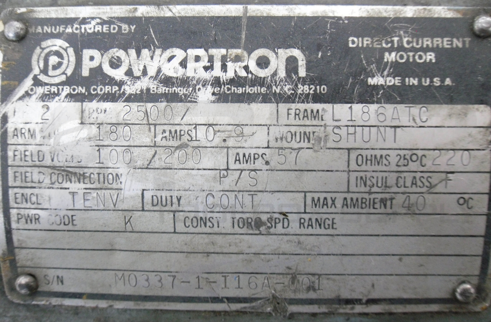 POWERTRON M0337-1-I16A-001 DIRECT CURRENT MOTOR 2500RPM FR:L186ATC 2HP *READ*