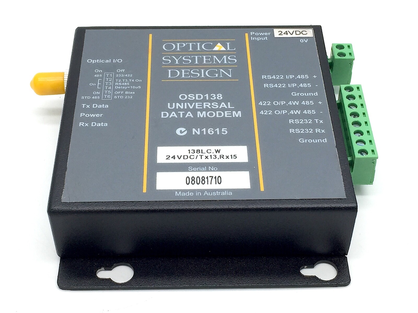 Optical Systems Design OSD138LC.W RS422 Data Modem 138LC.W/Tx13/Rx15 24VDC